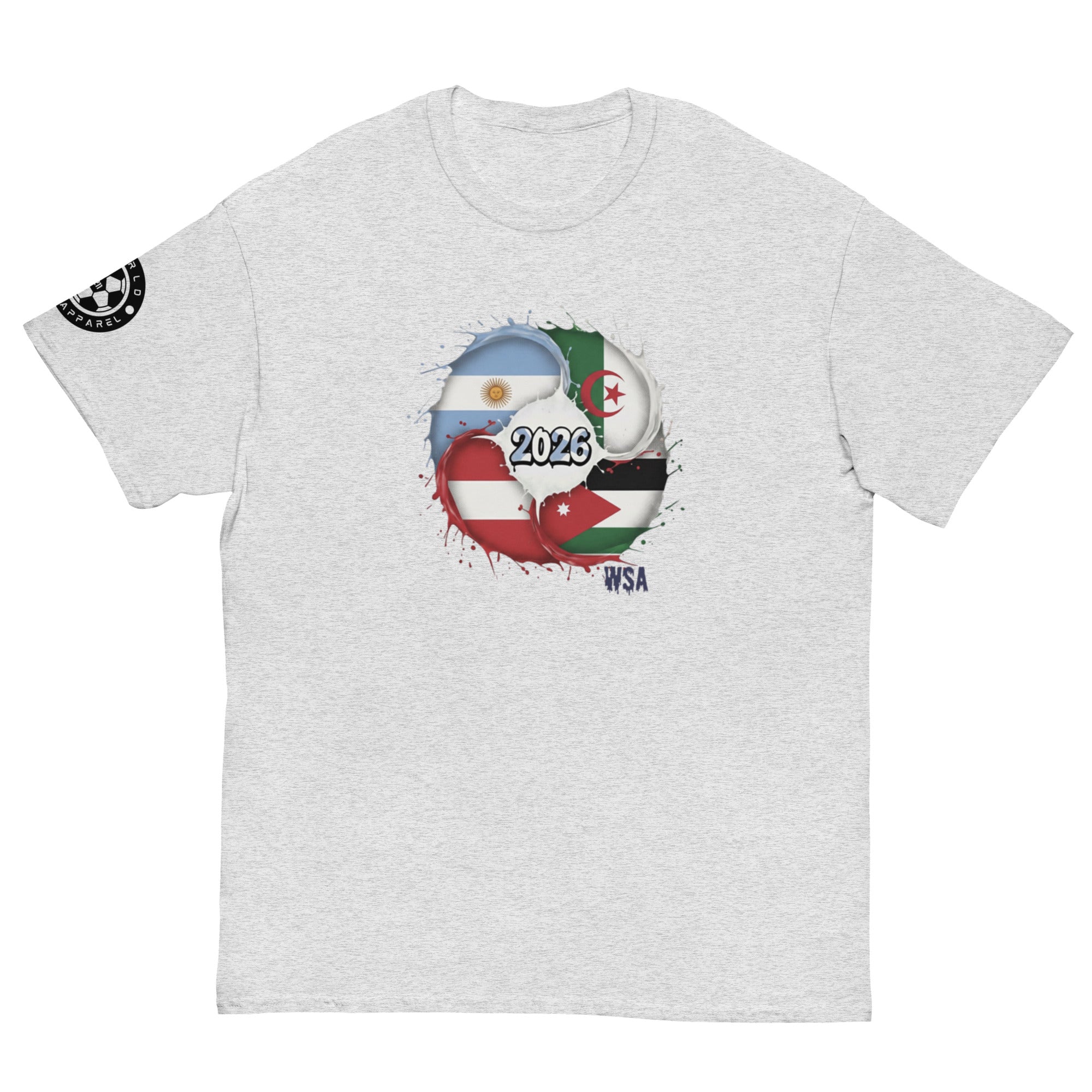 Gray t-shirt with a graphic design featuring flags and '2026' on a white background