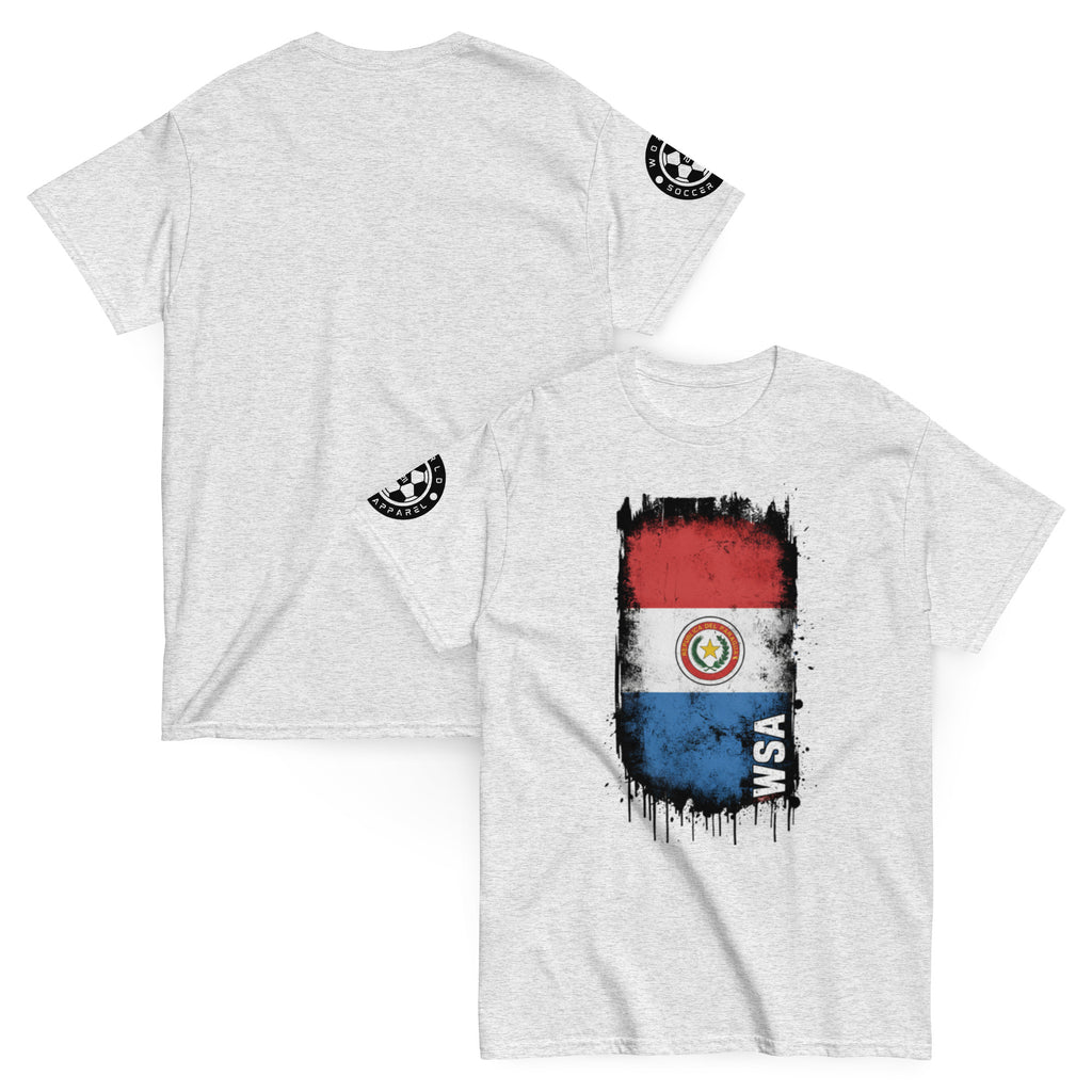 Gray t-shirt with Paraguayan flag design on a white background