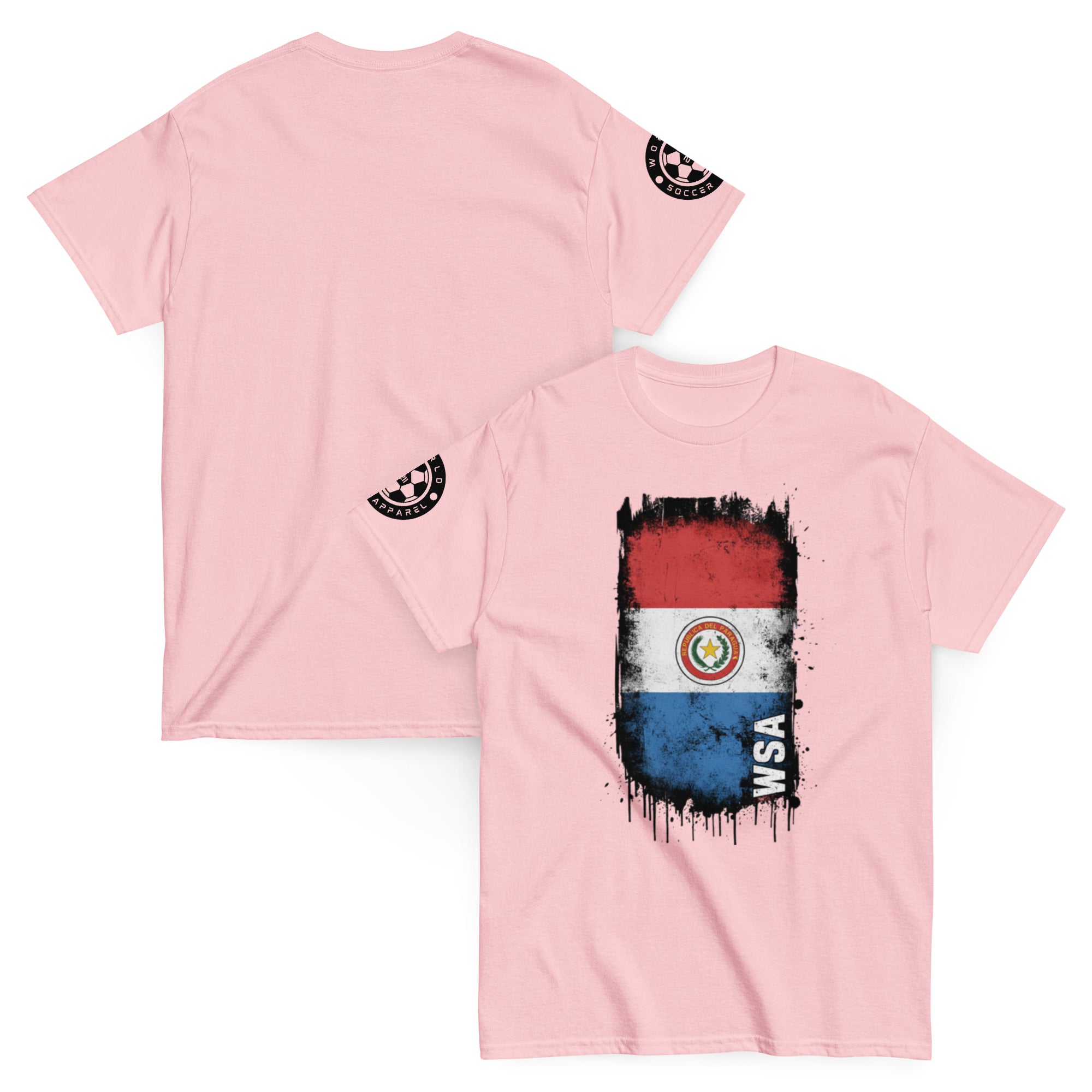 Pink t-shirt with Paraguayan flag design on a white background