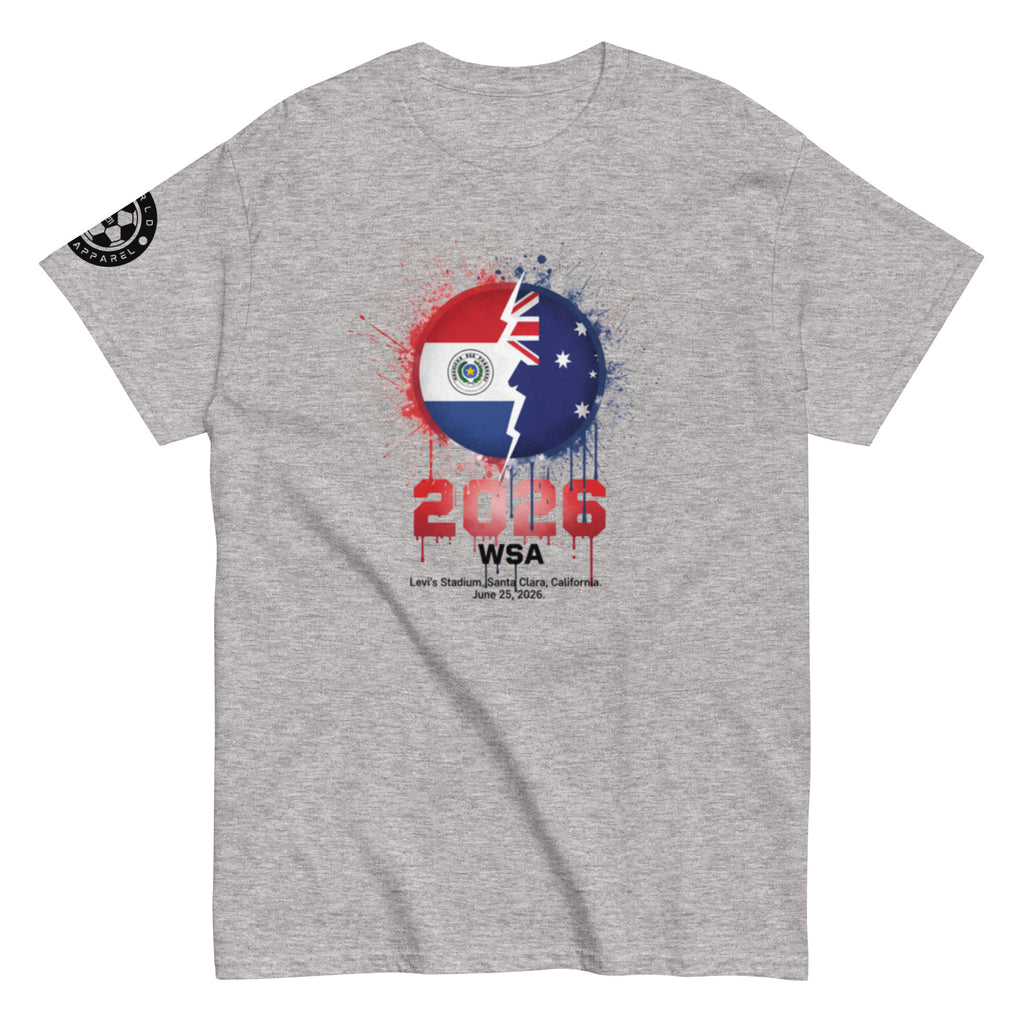 Gray t-shirt with a graphic design featuring a split flag and '2026 WSA' text on a white background.