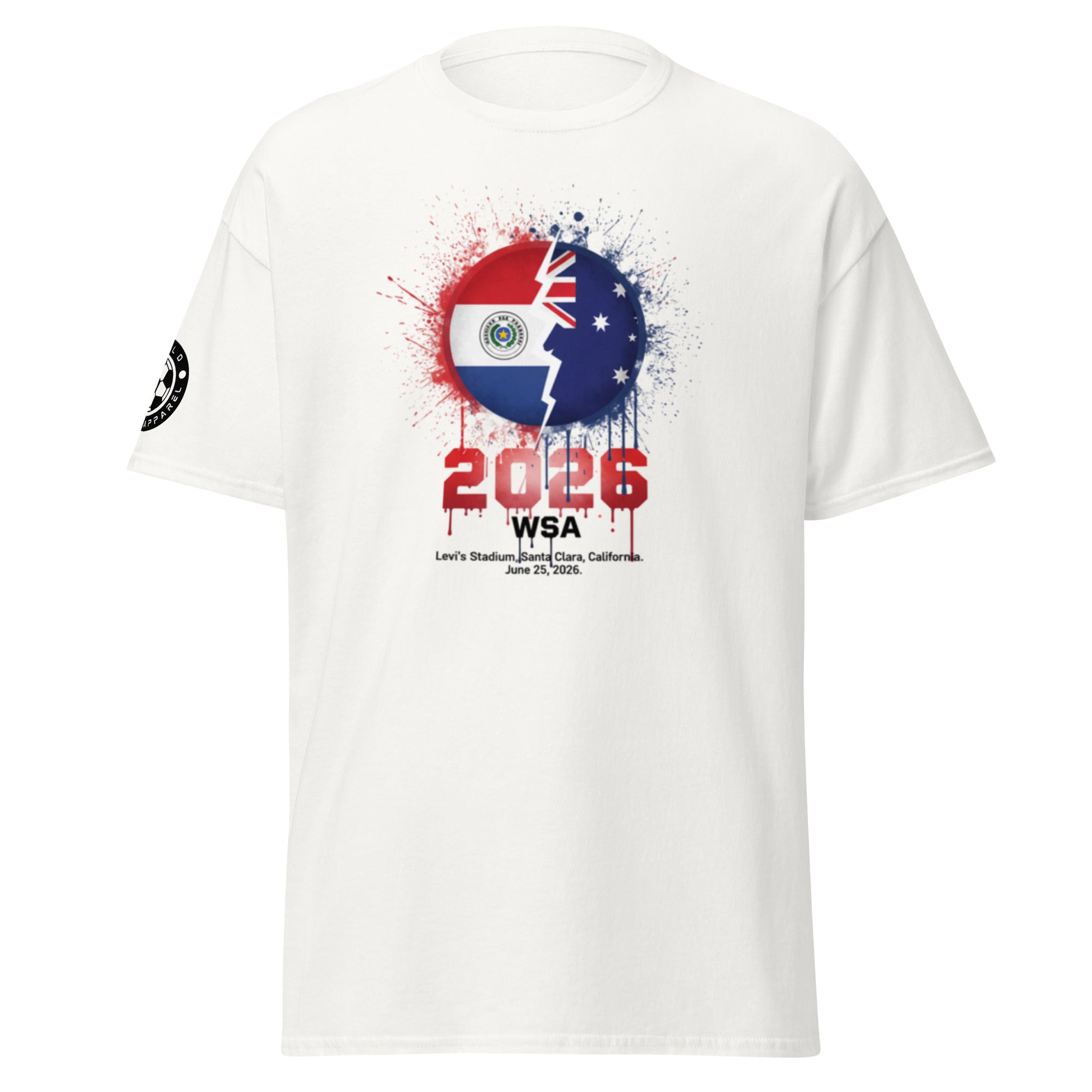 White t-shirt with a graphic design featuring a world map and text on a white background