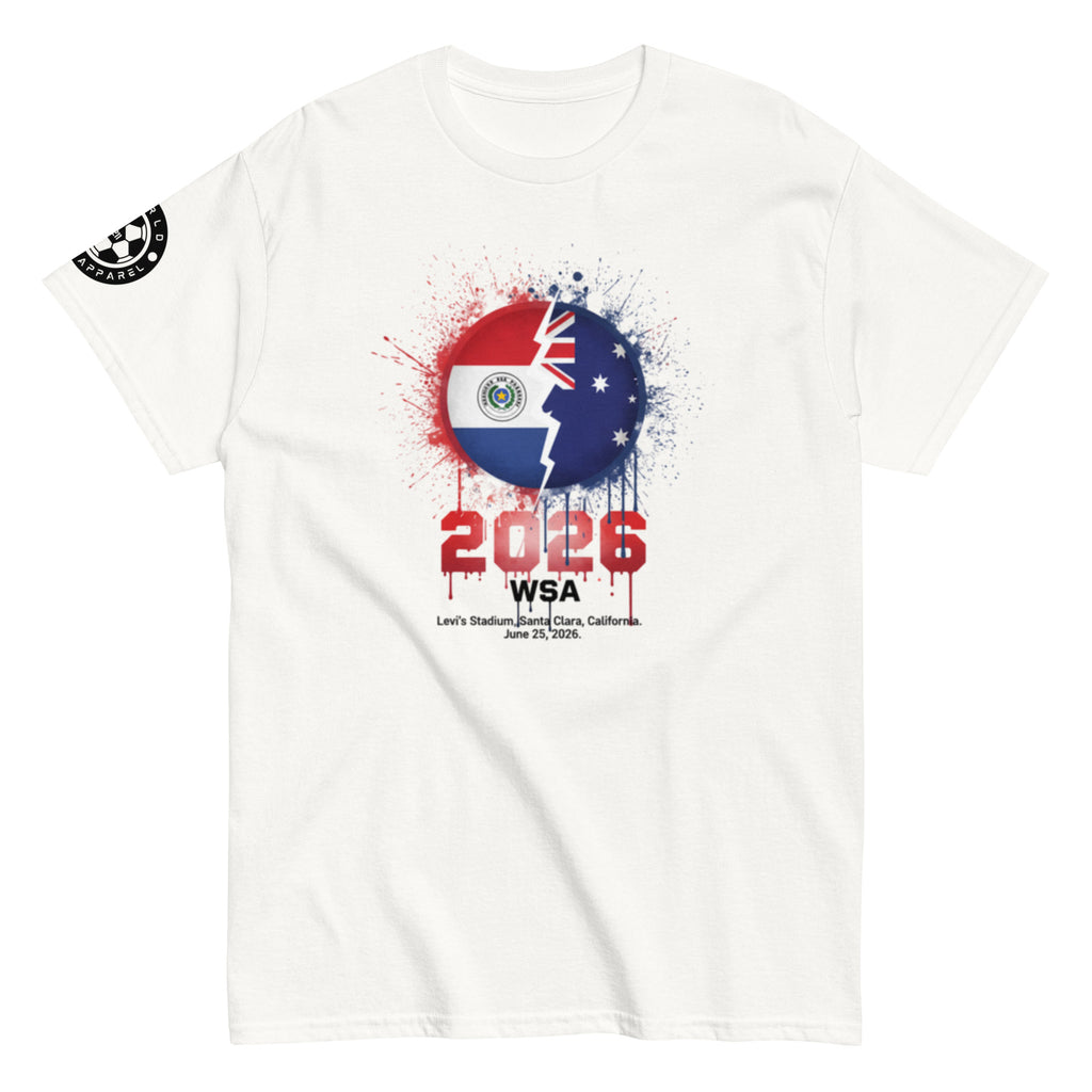 White t-shirt with 2026 WSA graphic design on a white background