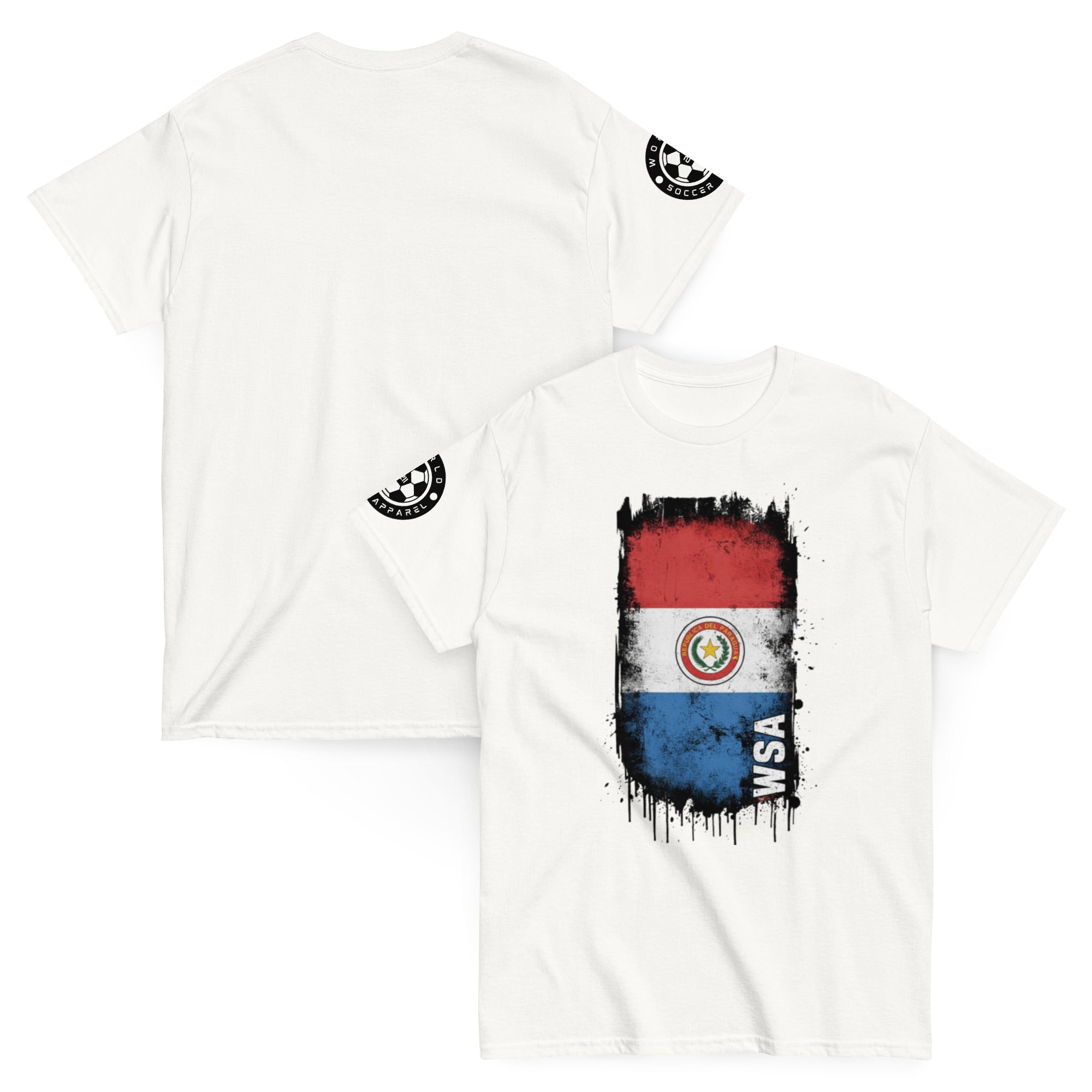 White t-shirt with Paraguayan flag design on a white background