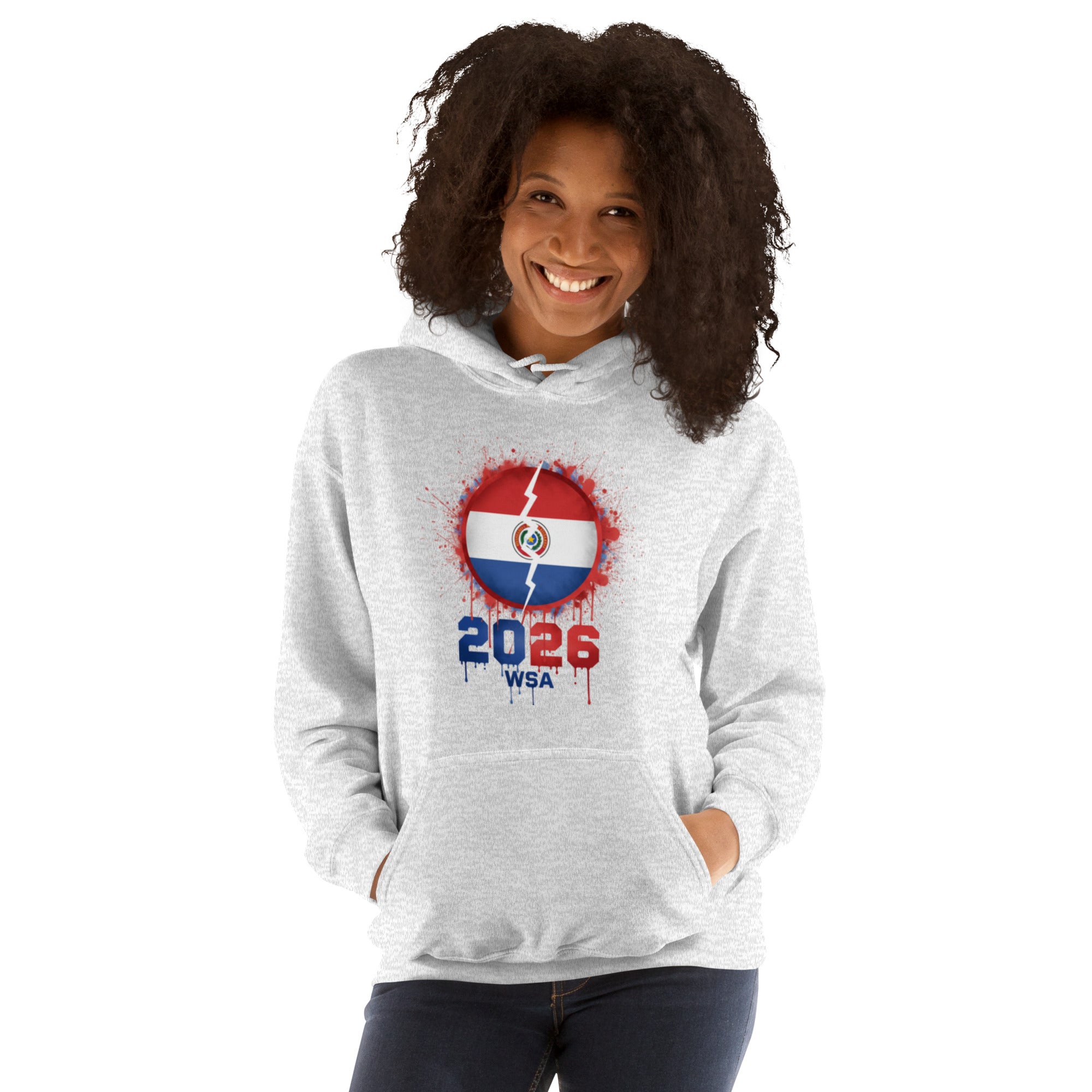 Person wearing a gray hoodie with a design on a white background