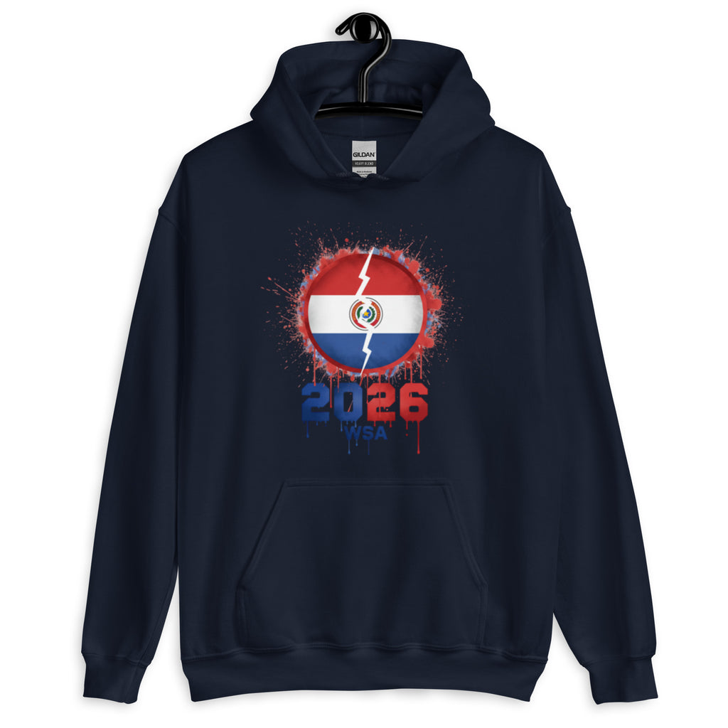 Navy blue hoodie with a graphic design on a white background