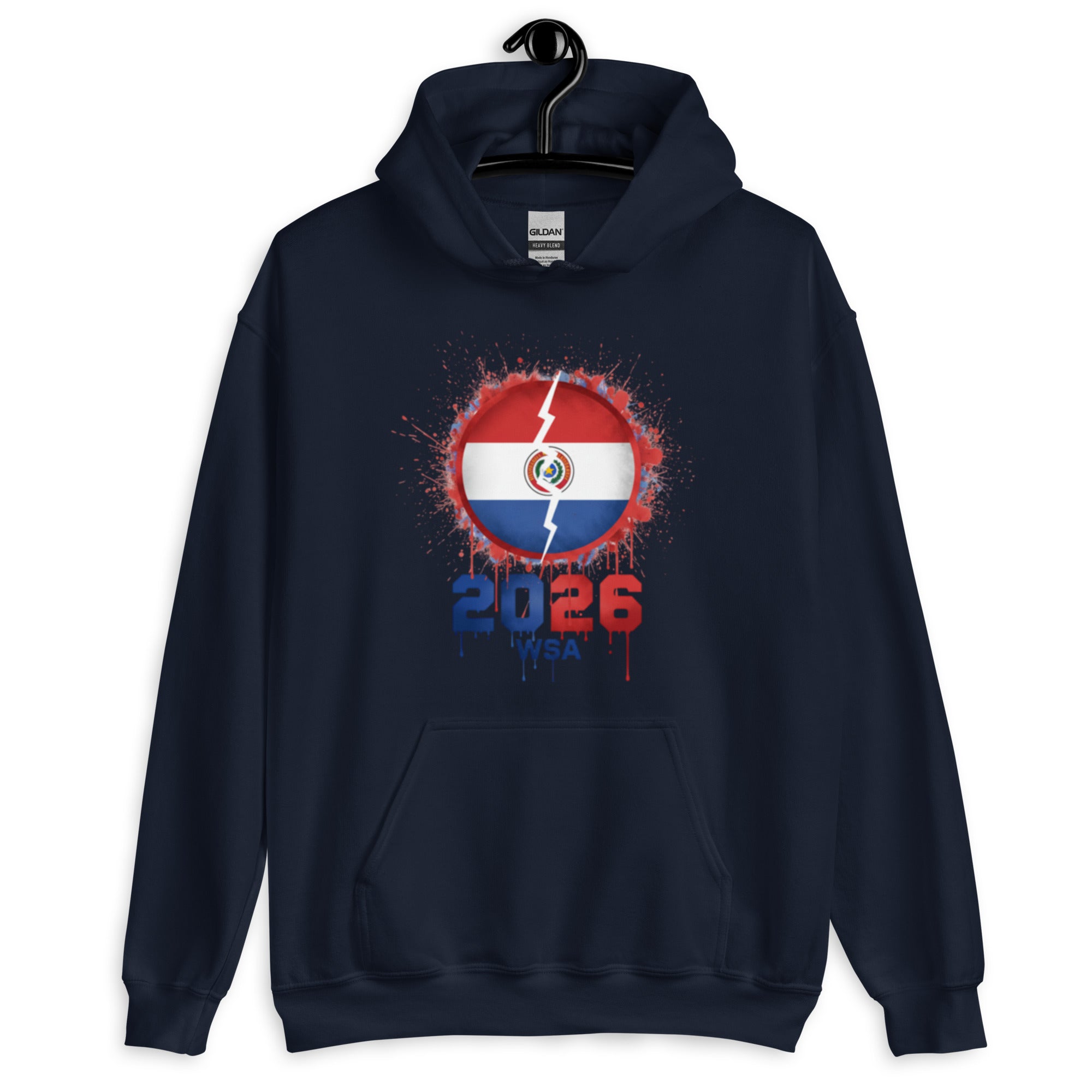 Navy blue hoodie with a graphic design on a white background