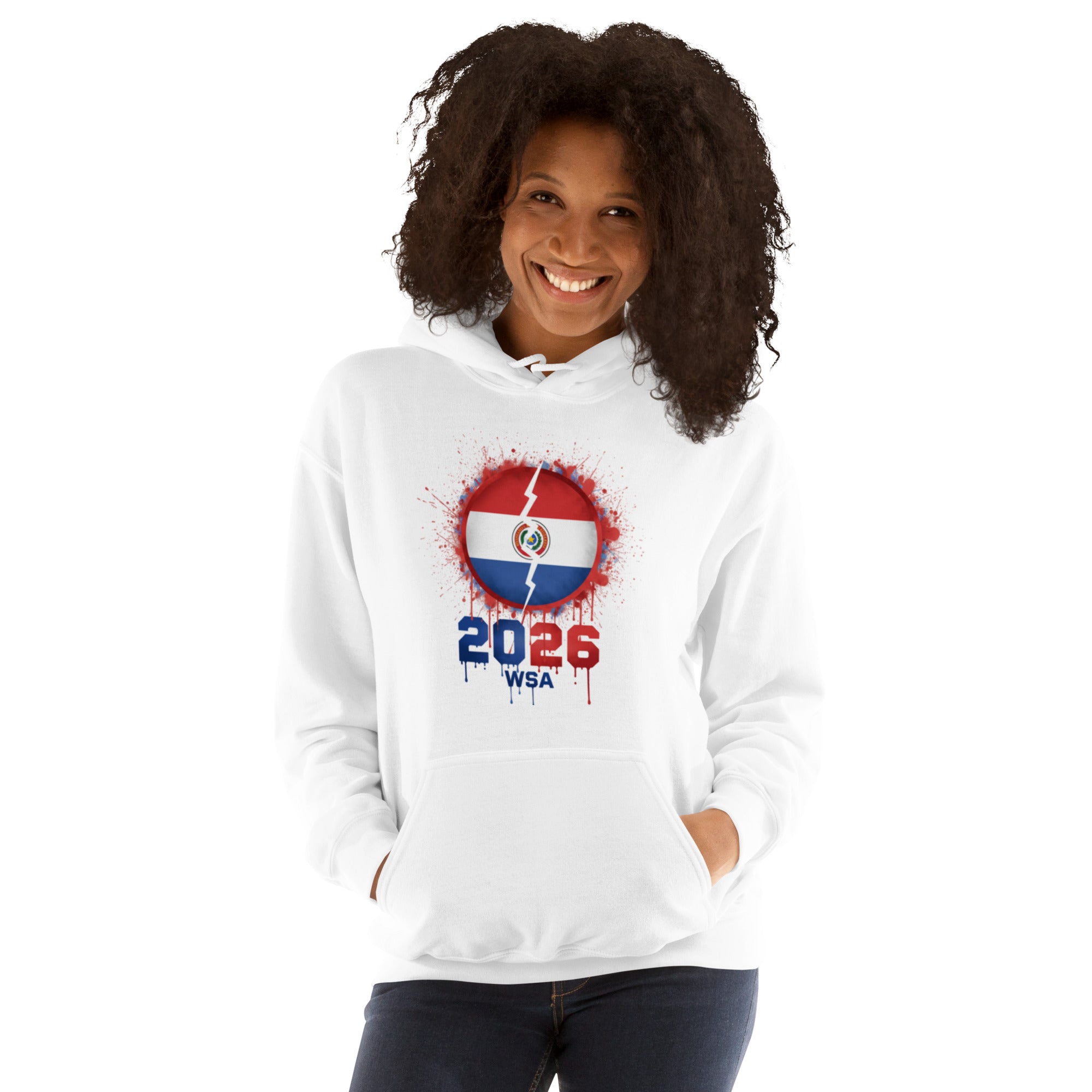 Person wearing a white hoodie with a design featuring the number 2026 and text on a white background