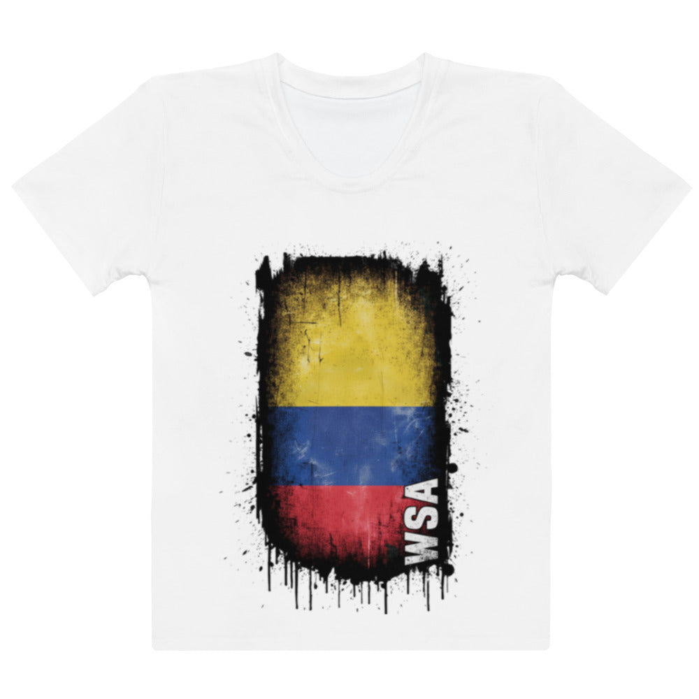 White t-shirt with a colorful flag design and 'WSA' text on a white background