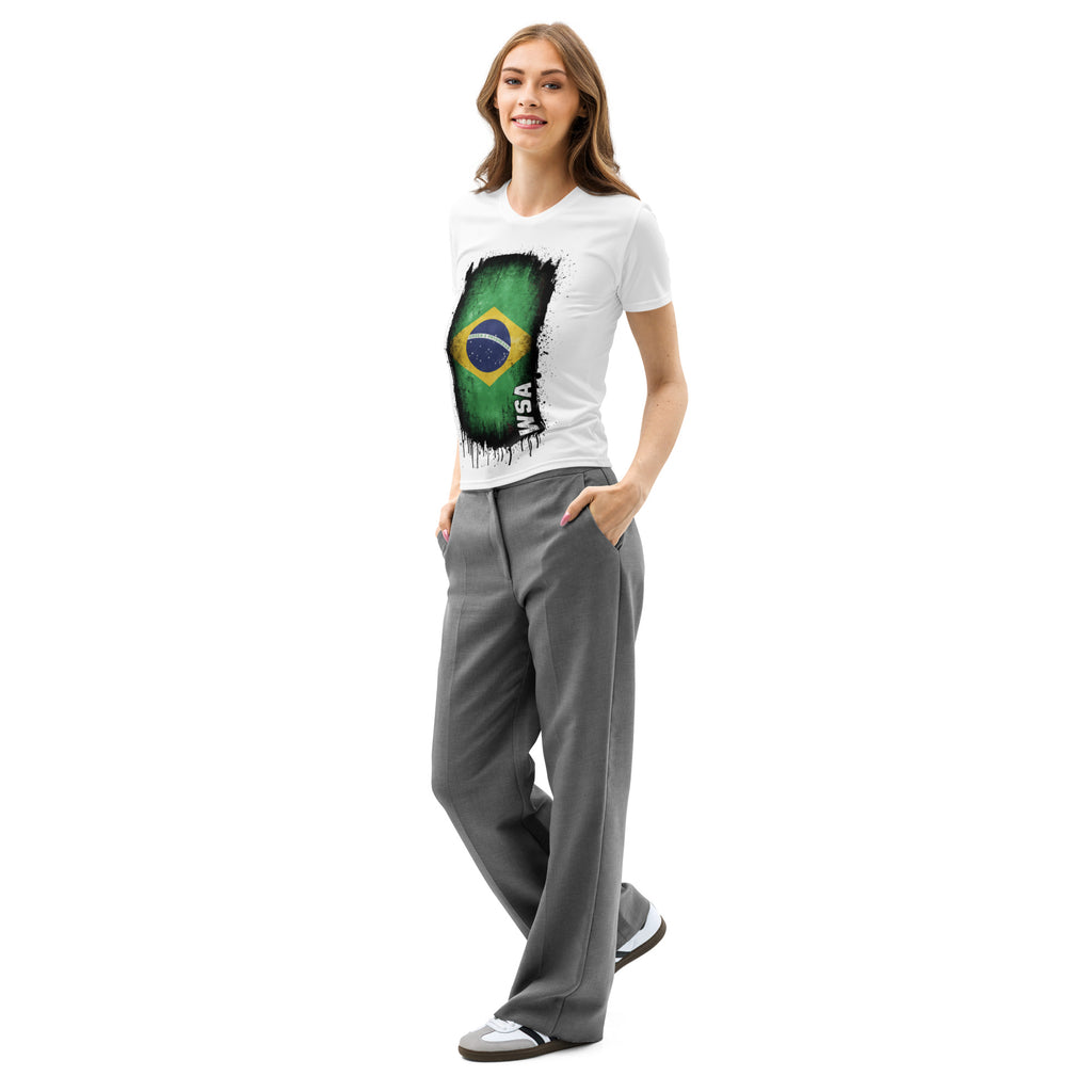 Woman wearing a white t-shirt with a Brazilian flag design and gray pants on a white background