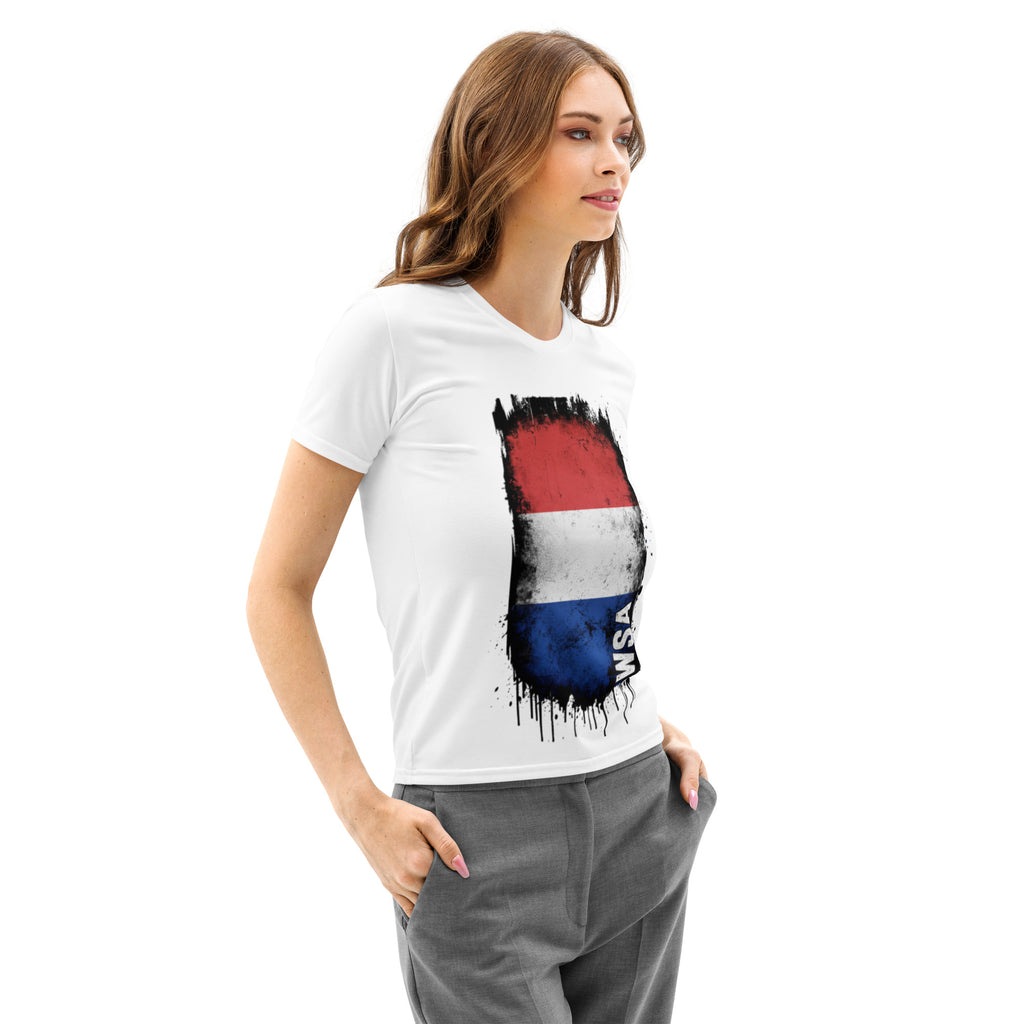 Woman wearing a white t-shirt with a colorful graphic design on a white background