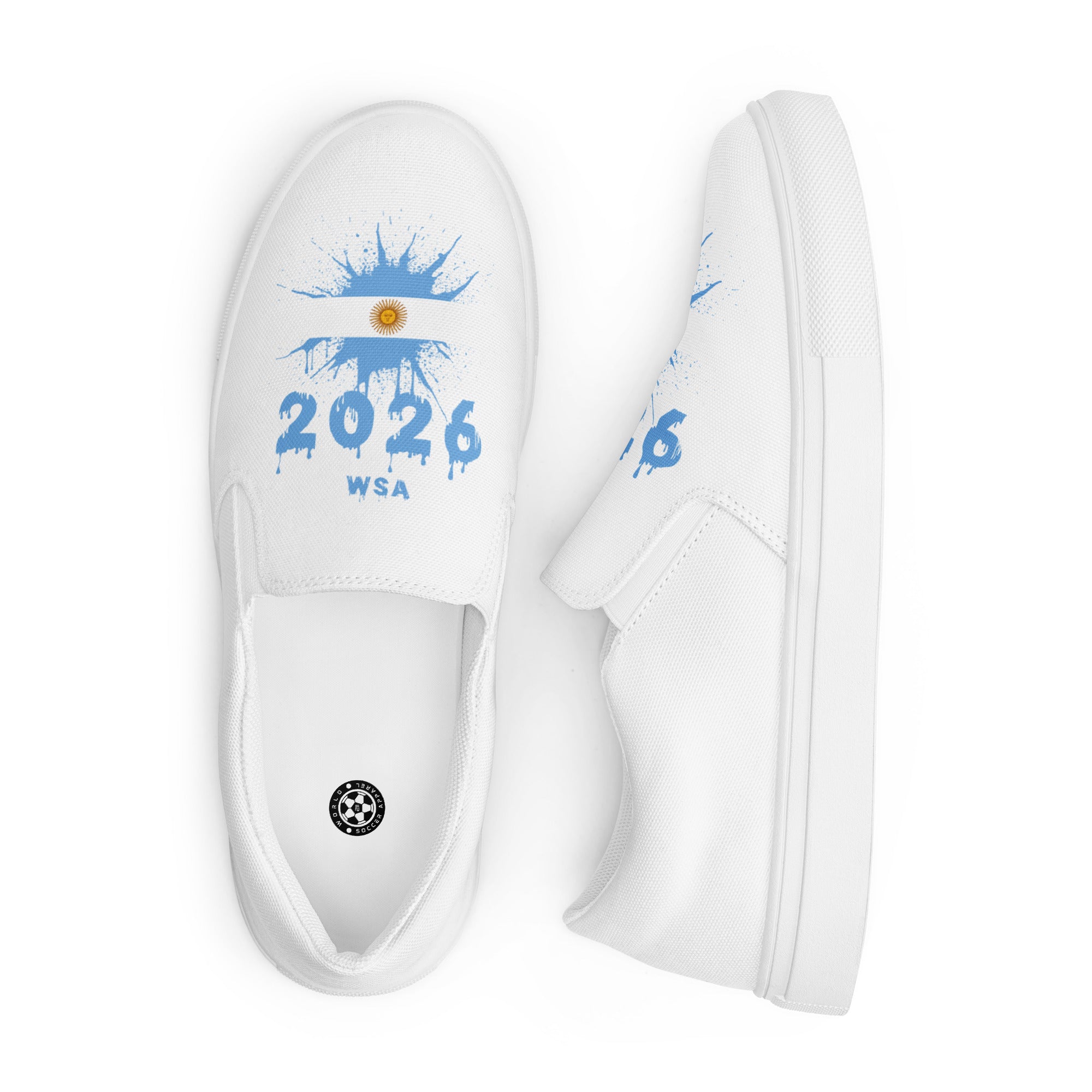White slip-on shoes with blue designs and text on a white background