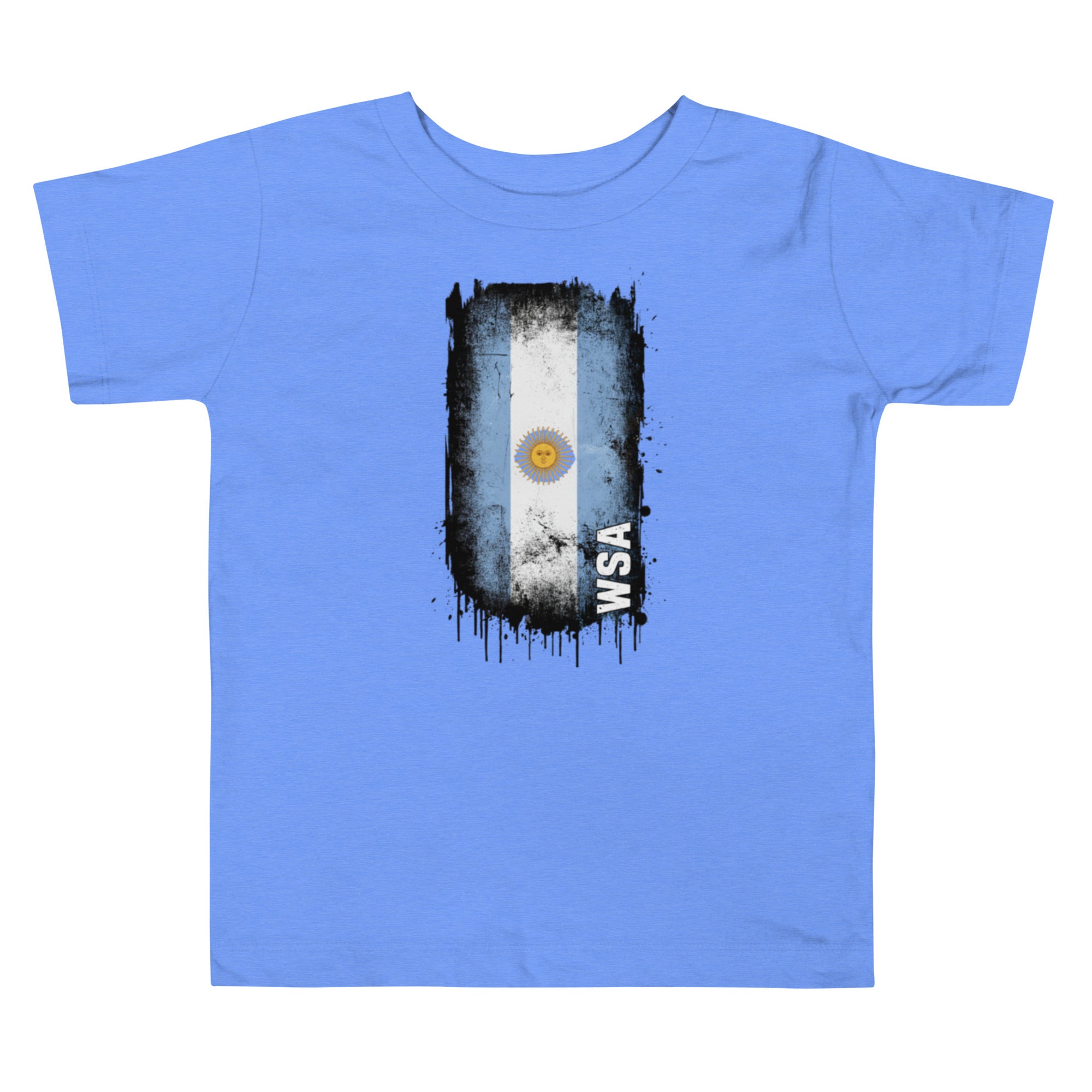 Blue t-shirt with a graphic design on a white background