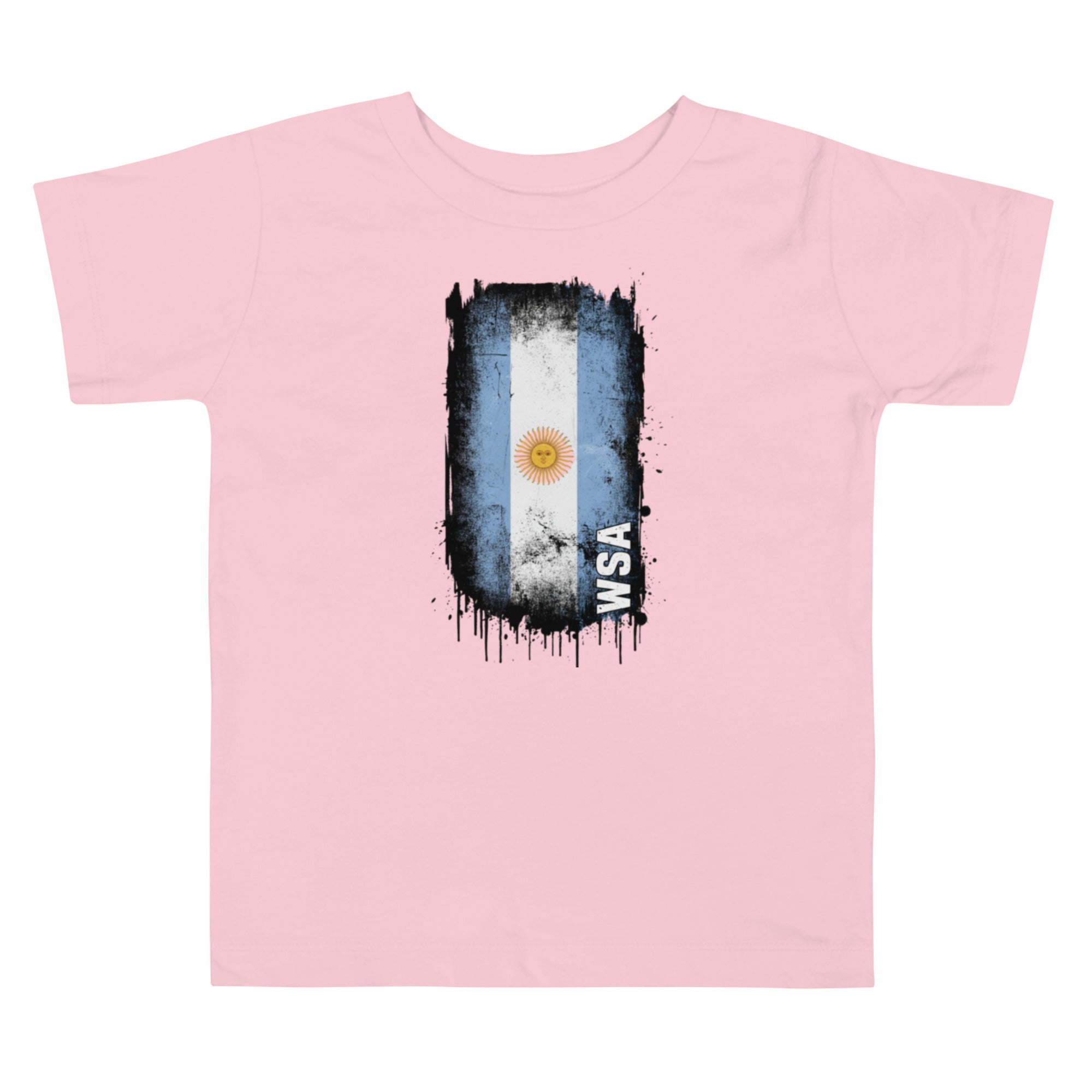 Pink t-shirt with a graphic design of an argentine flag and 'WSA' text on a white background