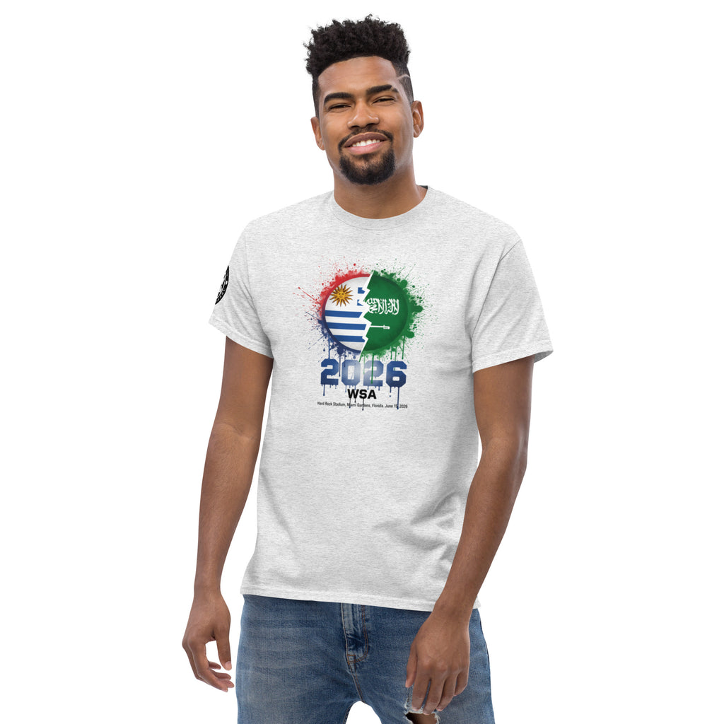Man wearing a white t-shirt with a colorful design and text on a white background