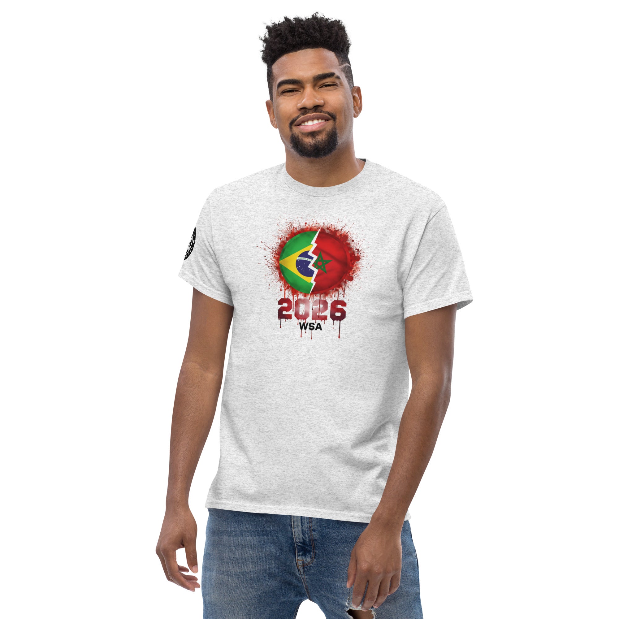 Man wearing a white t-shirt with a colorful design and text on a white background