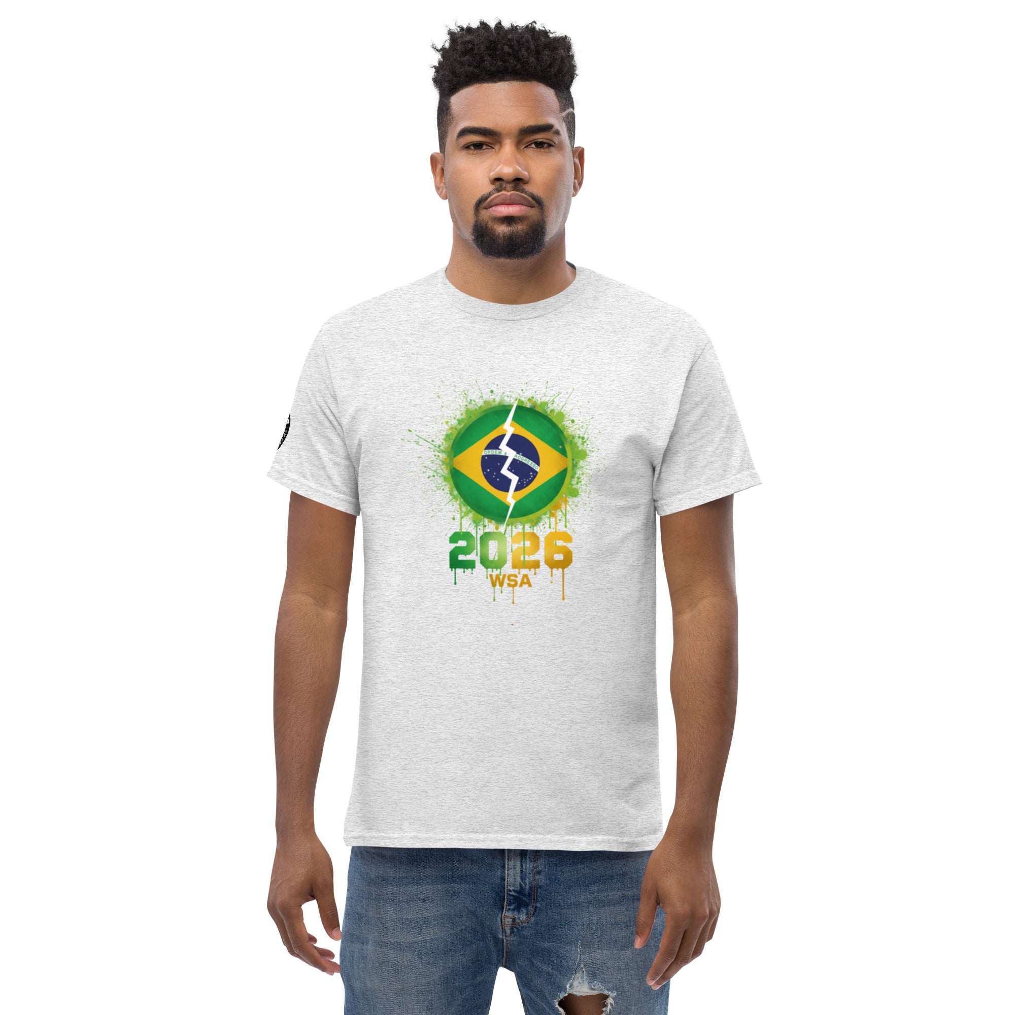 Man wearing a white t-shirt with a graphic design on a white background