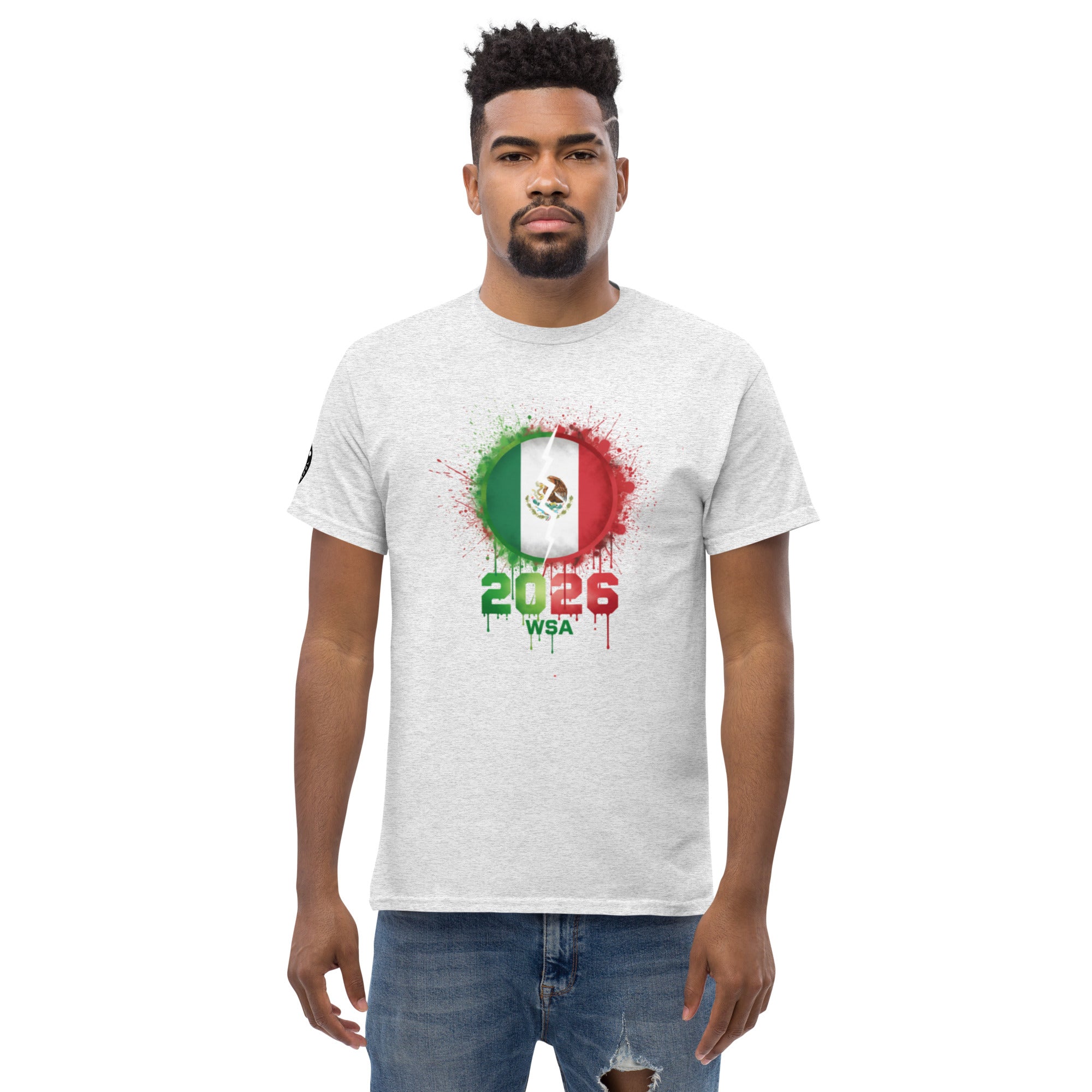 Man wearing a white t-shirt with a colorful design and text on a white background
