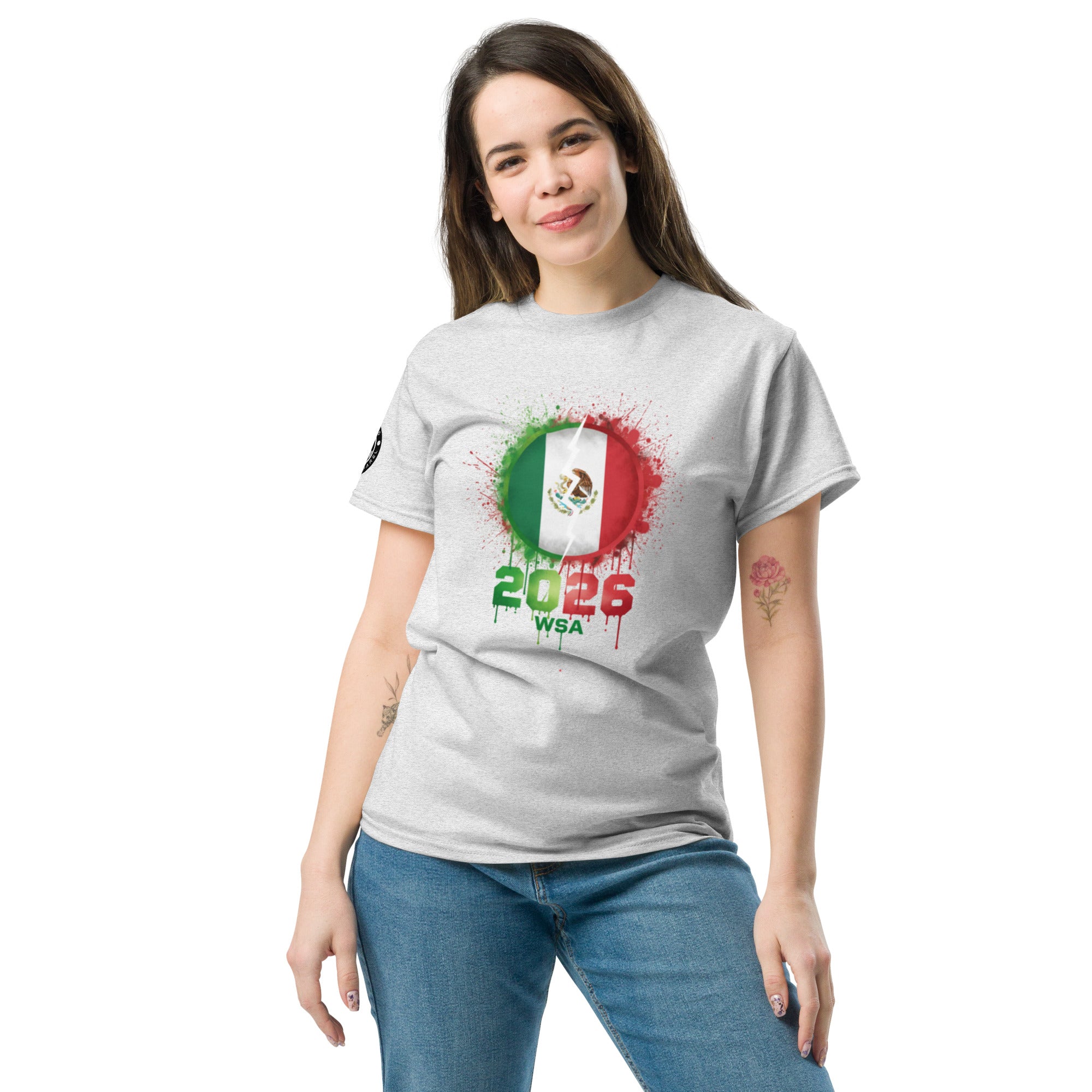 Woman wearing a white t-shirt with a colorful design and text on a white background