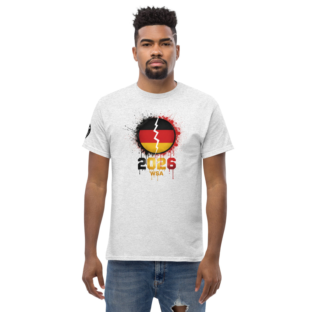 Man wearing a white t-shirt with a graphic design on a white background