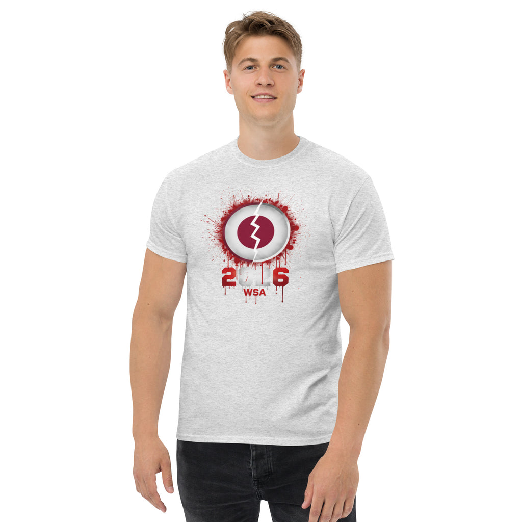 Person wearing a white t-shirt with a red and black design on a white background