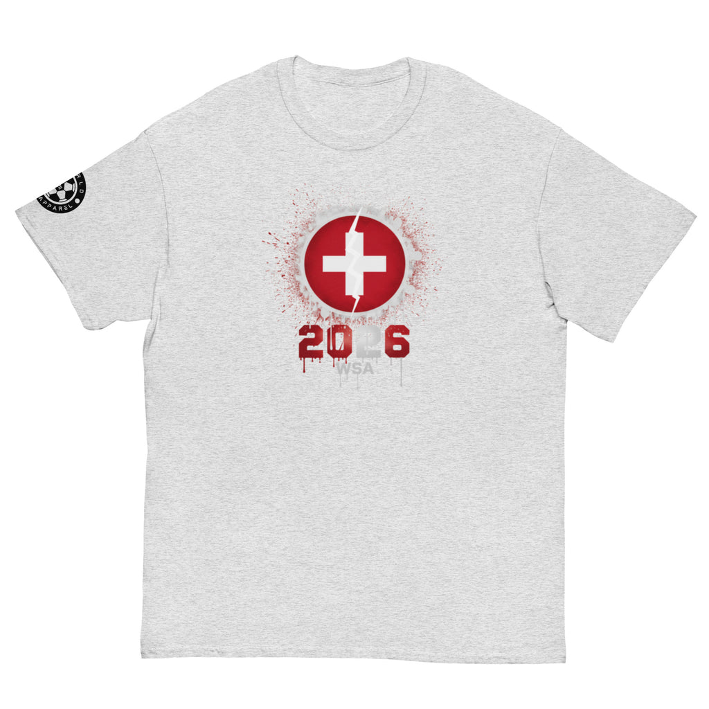 Gray t-shirt with a red and white graphic design on a white background