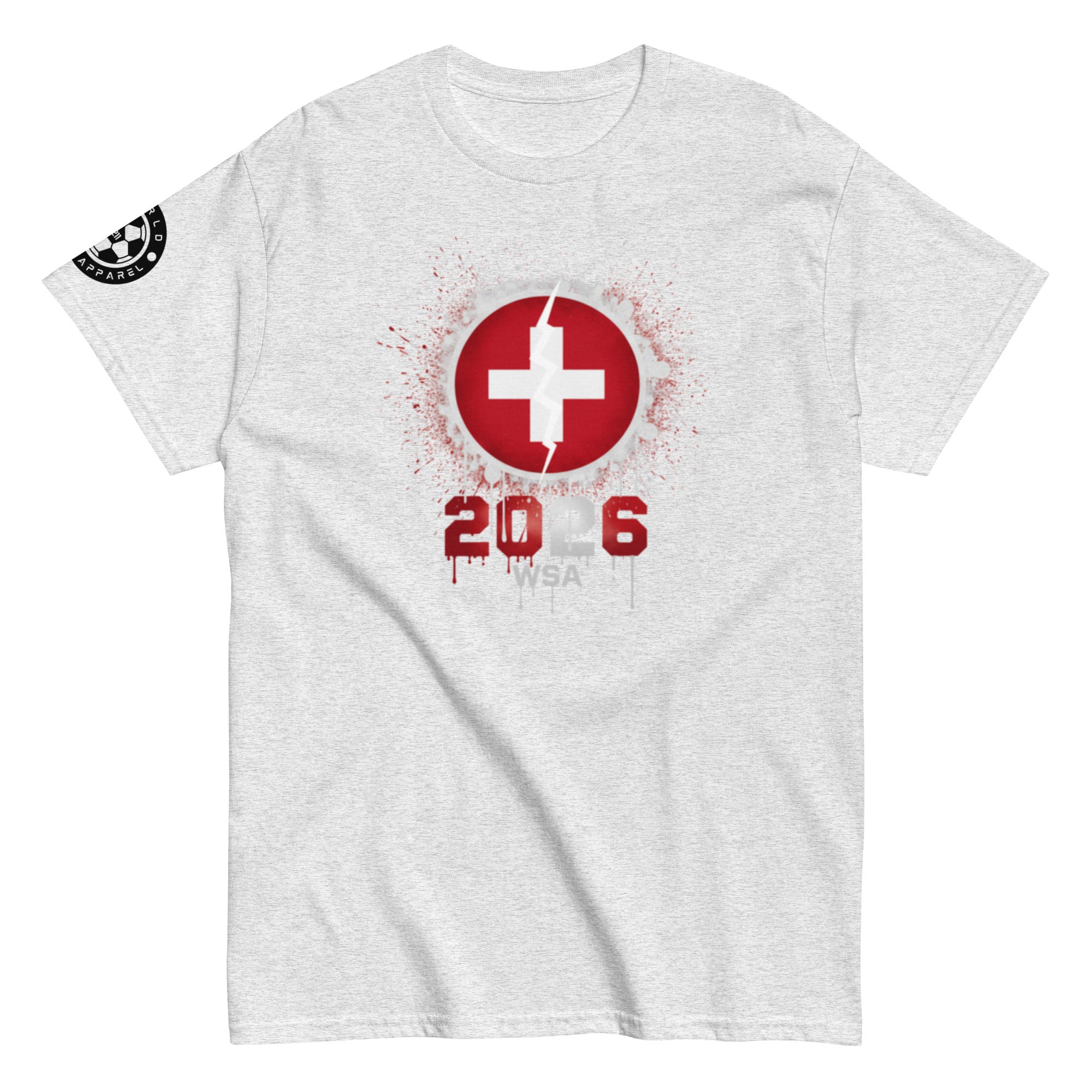 Gray t-shirt with a red and white logo and text on a white background