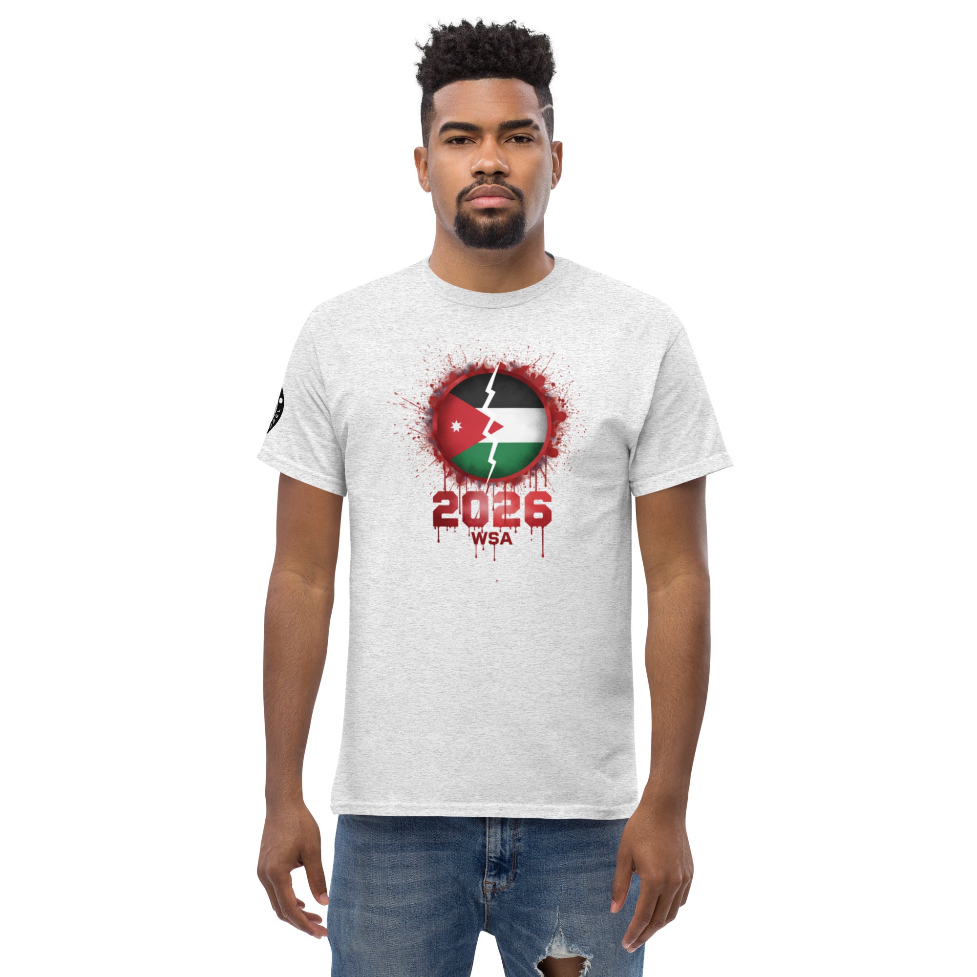 Man wearing a white t-shirt with a graphic design on a white background