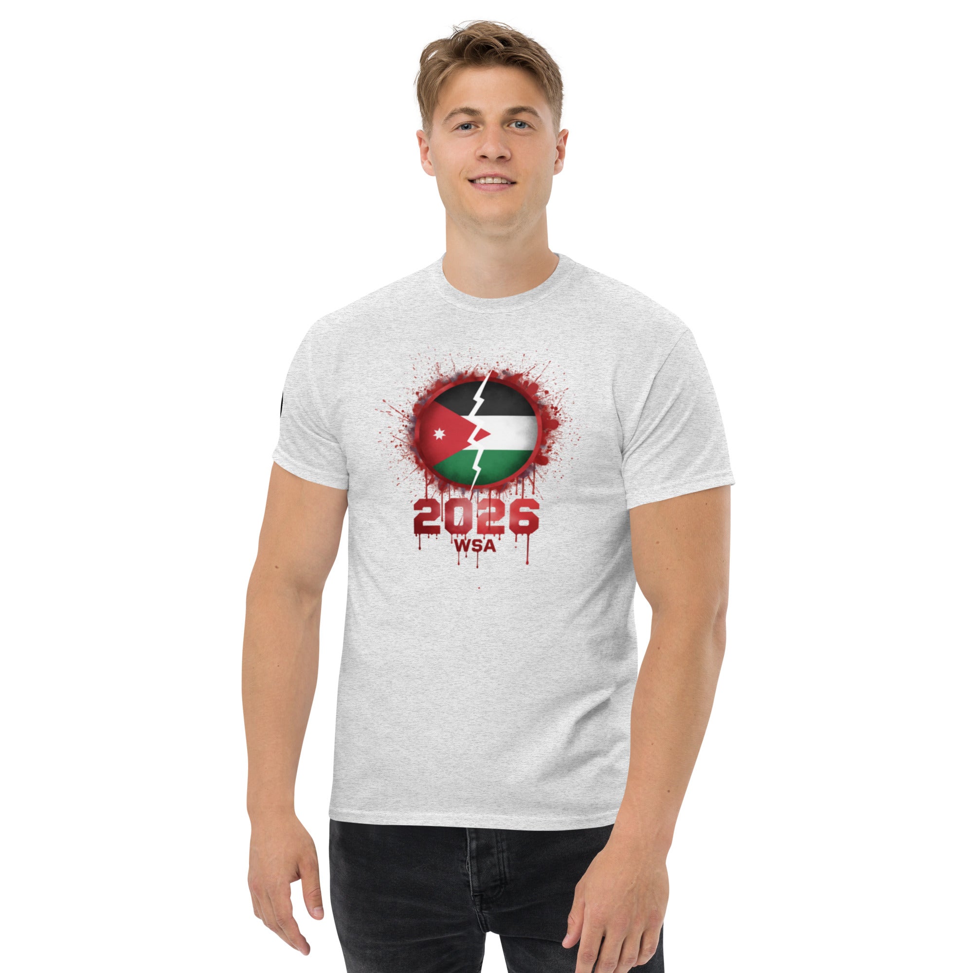 Person wearing a white t-shirt with a graphic design on a white background