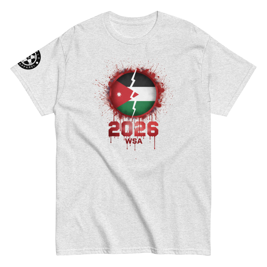 White t-shirt with a graphic design featuring a flag and text on a white background