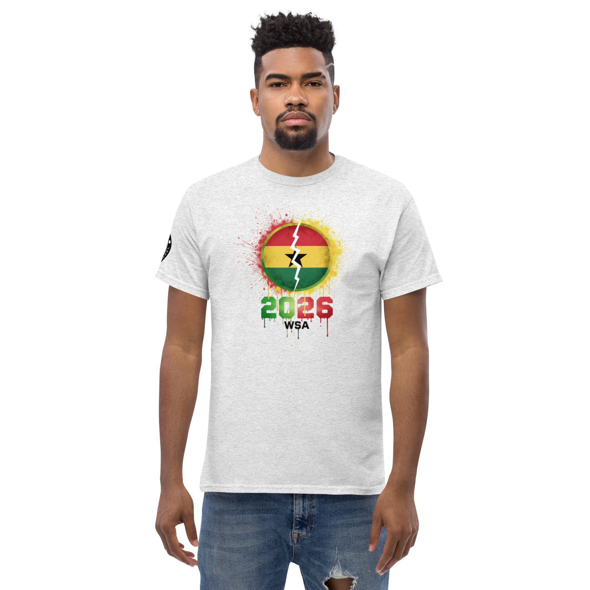 Man wearing a white t-shirt with a colorful design and text on a white background