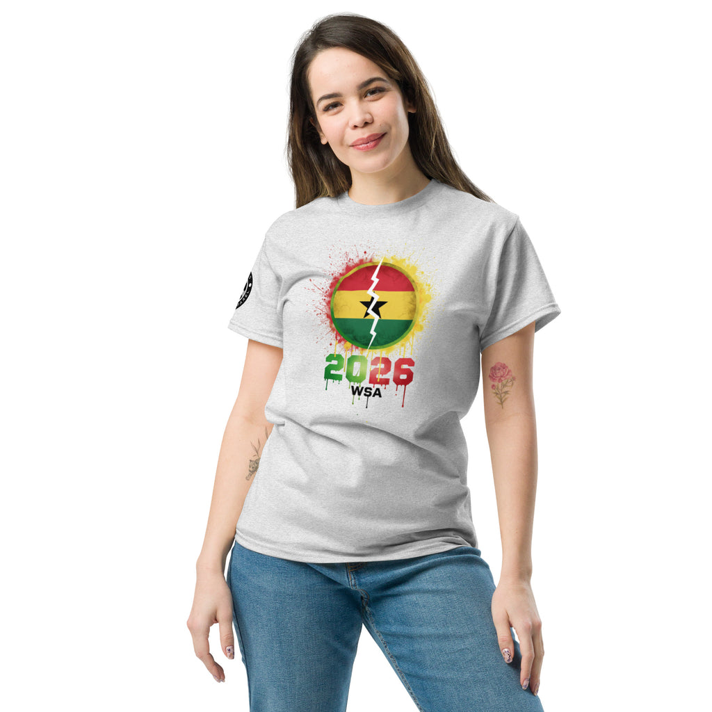 Woman wearing a white t-shirt with a colorful design and text on a white background