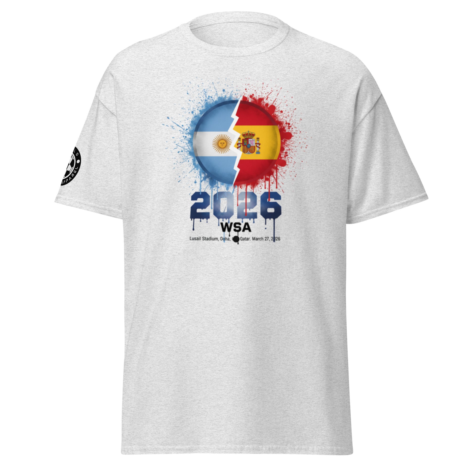 White t-shirt with colorful design featuring flags and '2026 WSA' text on a white background