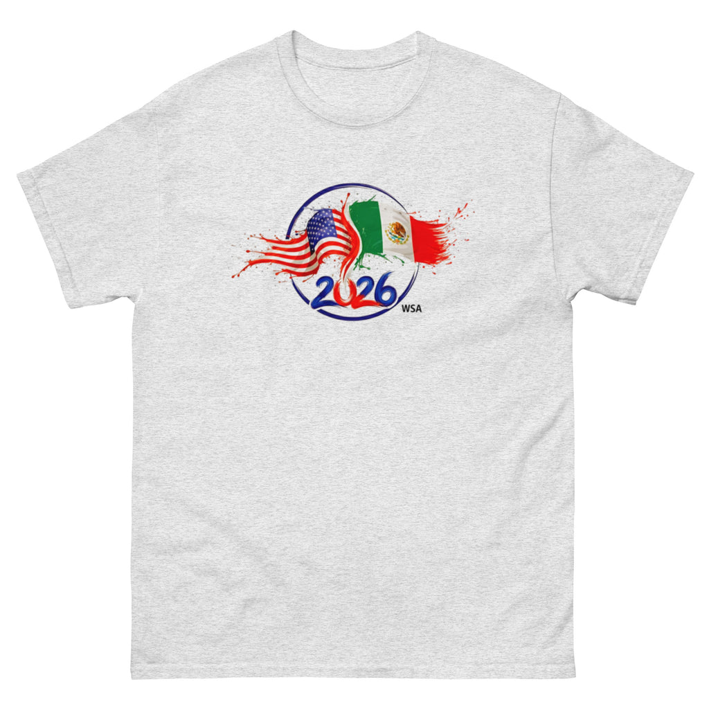Gray t-shirt with 2026 FIFA World Cup logo featuring American and Mexican flags on a white background