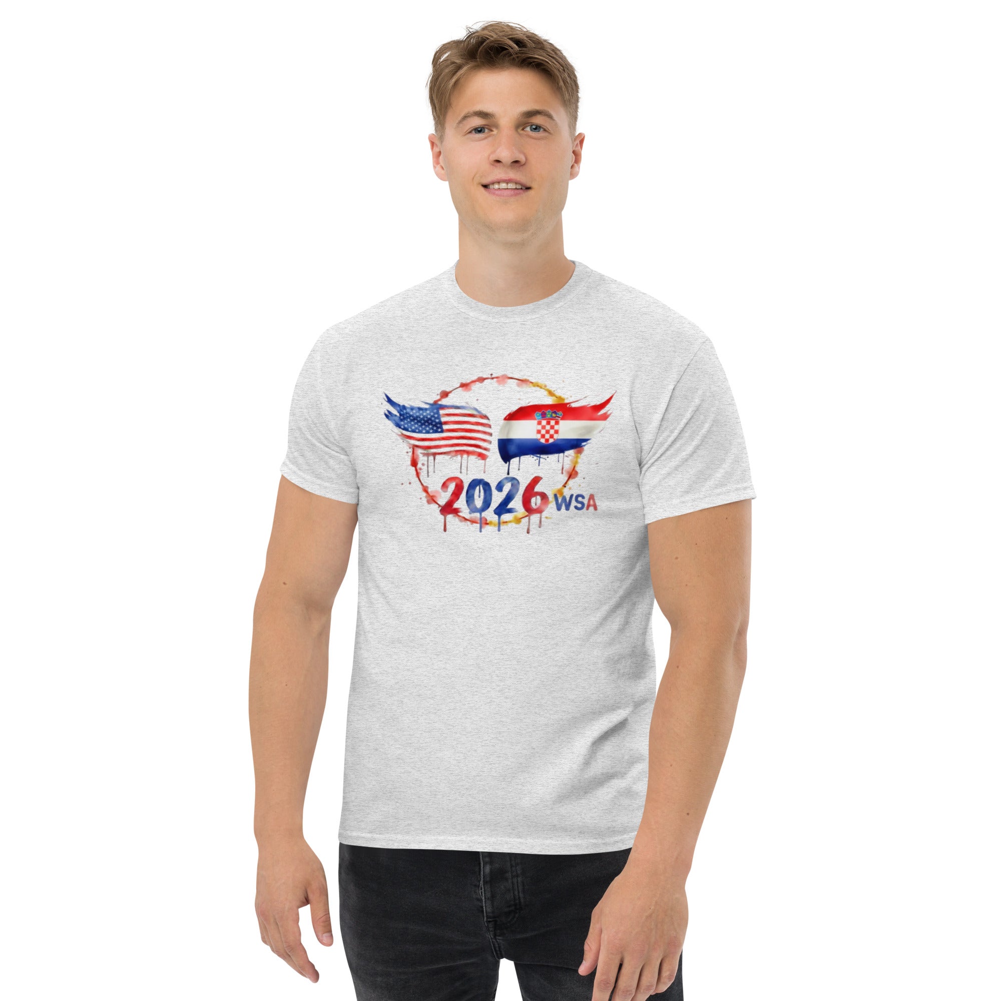 Person wearing a white t-shirt with a design featuring flags and '2026 WSA' text on a white background
