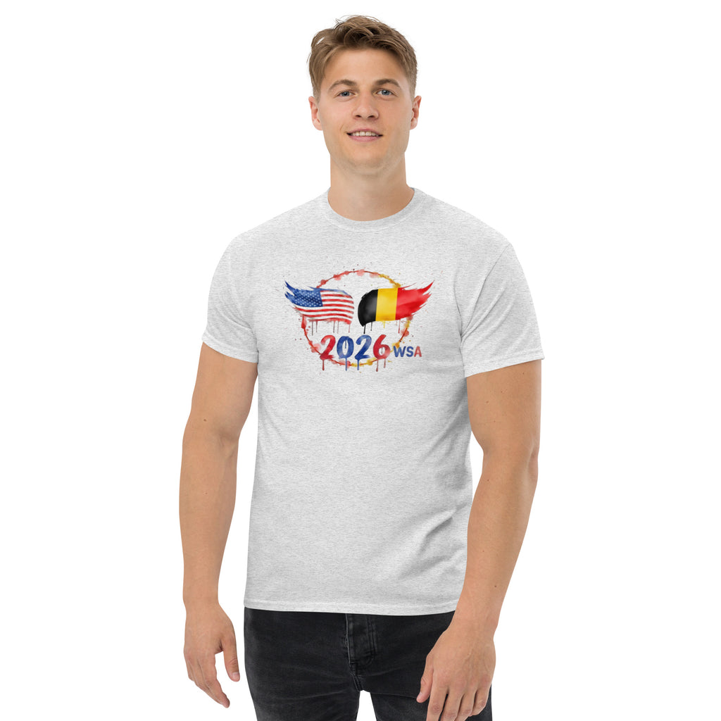 Person wearing a white t-shirt with a graphic design on a white background
