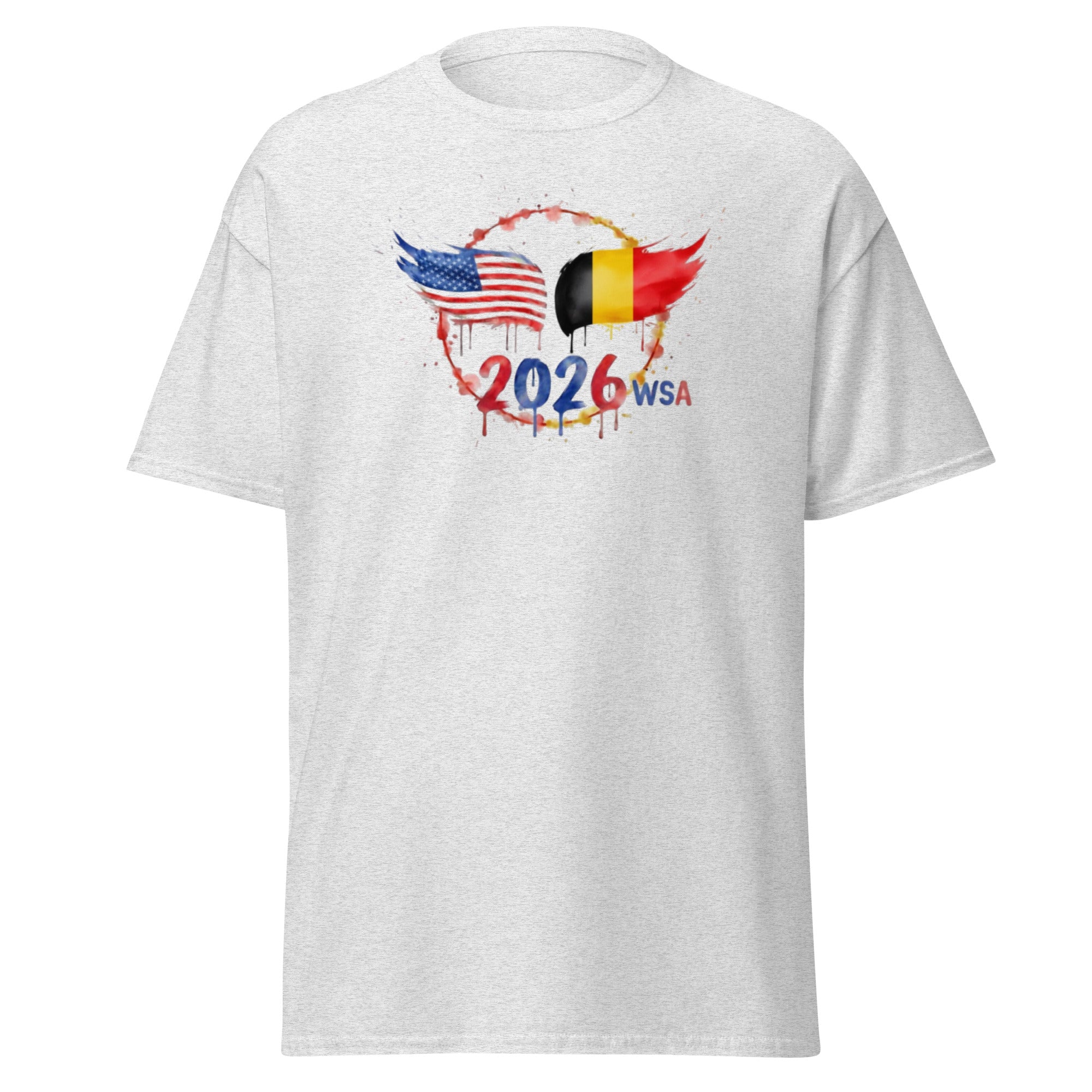 White t-shirt with 2026 WSA design featuring American and Belgian flags on a white background