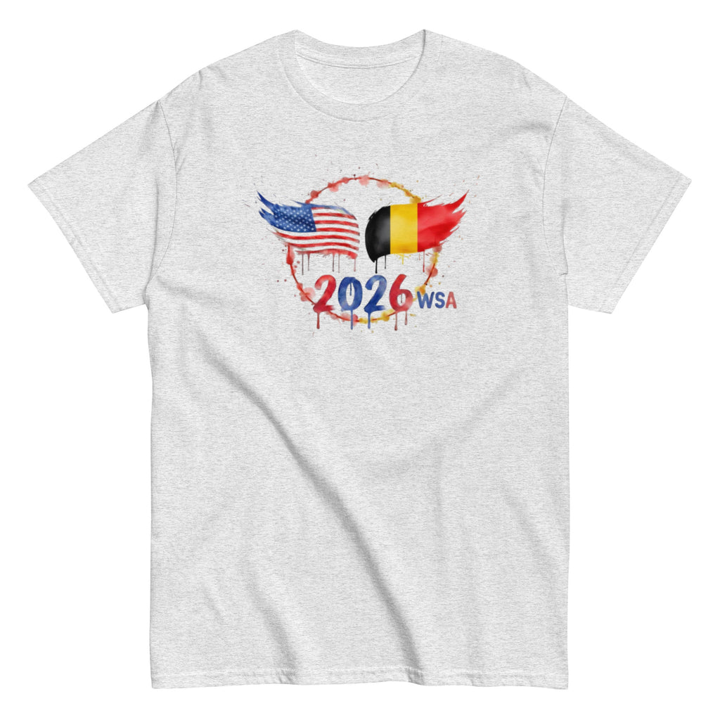 Gray t-shirt with 2026 WSA design featuring American and Belgian flags on a white background