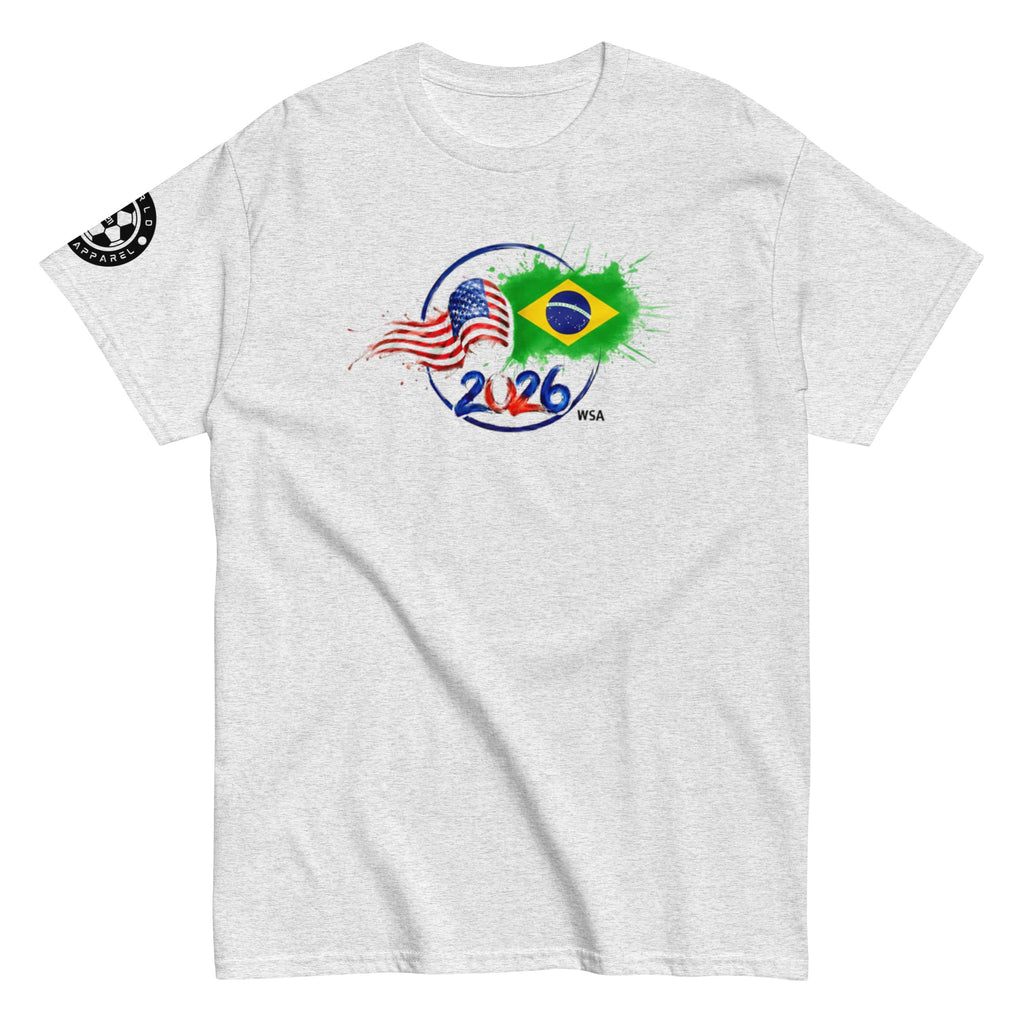 Gray t-shirt with 2026 World Cup logo featuring American and Brazilian flags on a white background