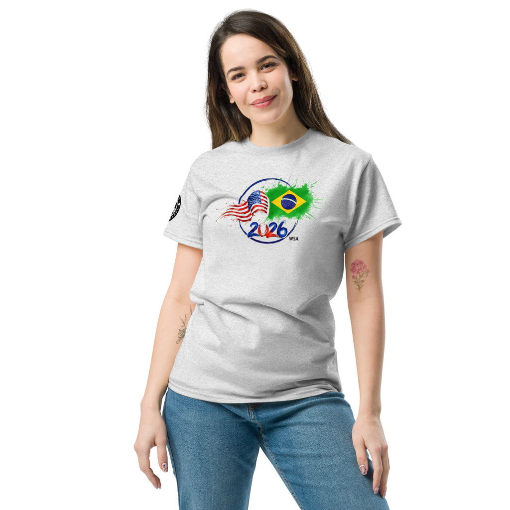 Woman wearing a gray t-shirt with a 2026 FIFA World Cup design on a white background