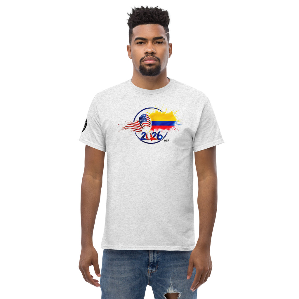 Man wearing a white t-shirt with a colorful graphic design on a white background