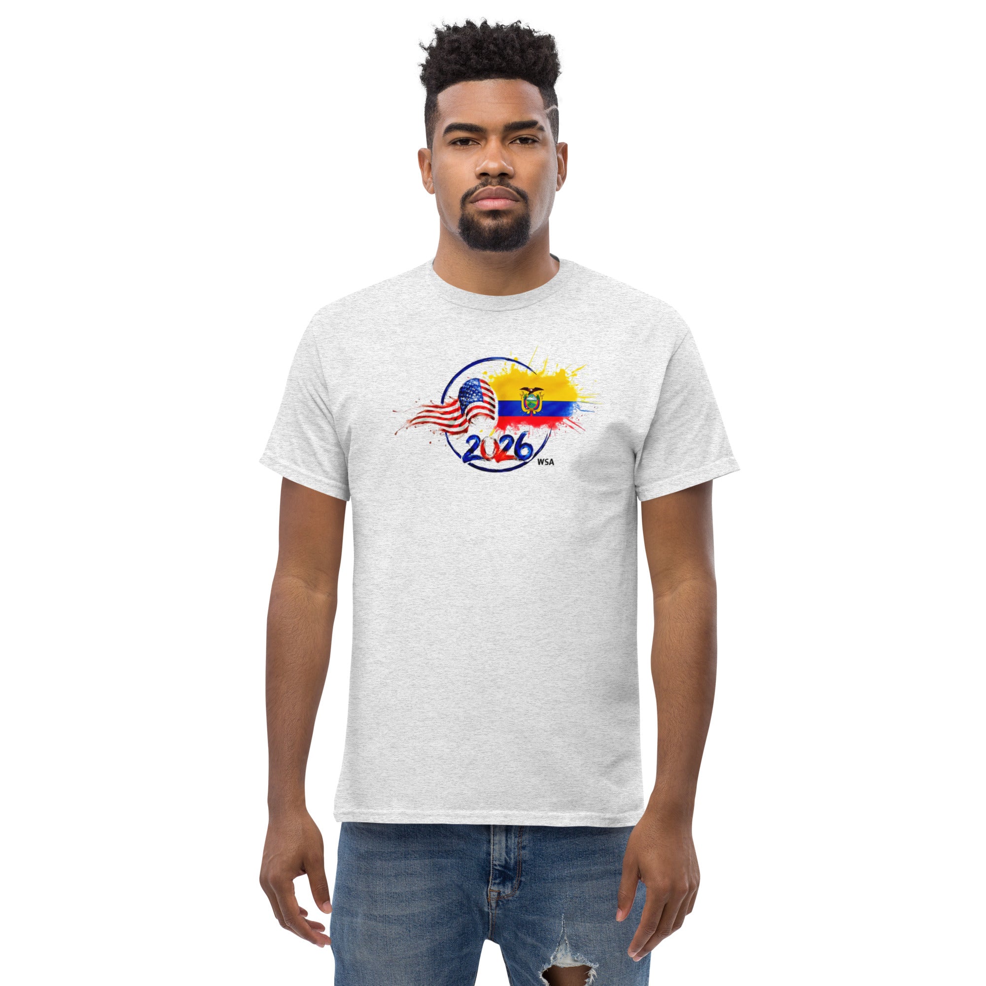Man wearing a white t-shirt with a graphic design on a white background