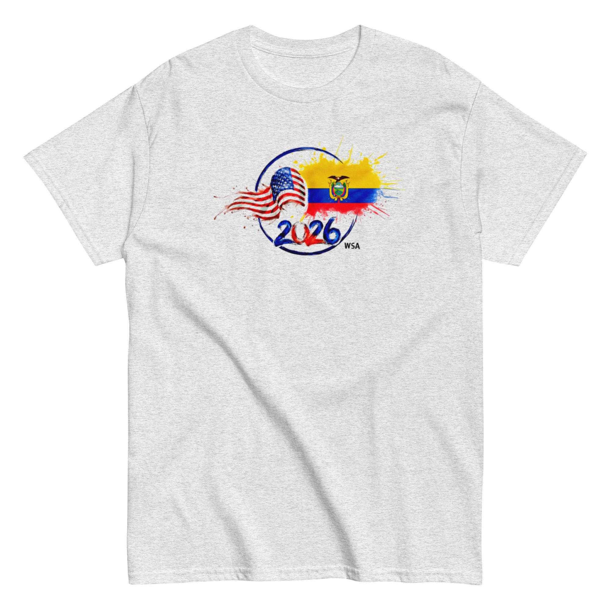 Gray t-shirt with 2026 FIFA World Cup design featuring American and Ecuadorian flags on a white background.