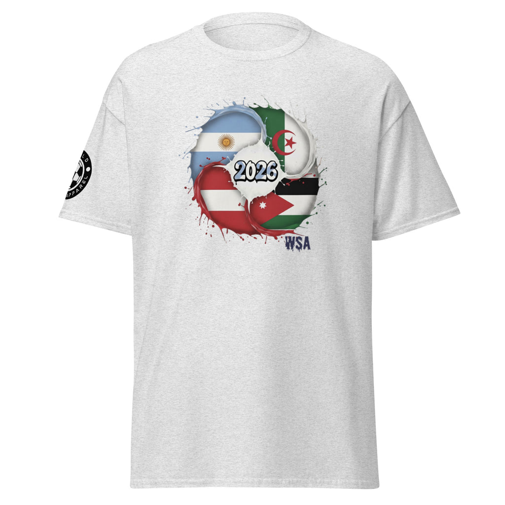 White t-shirt with country flags and '2026' printed on a white background