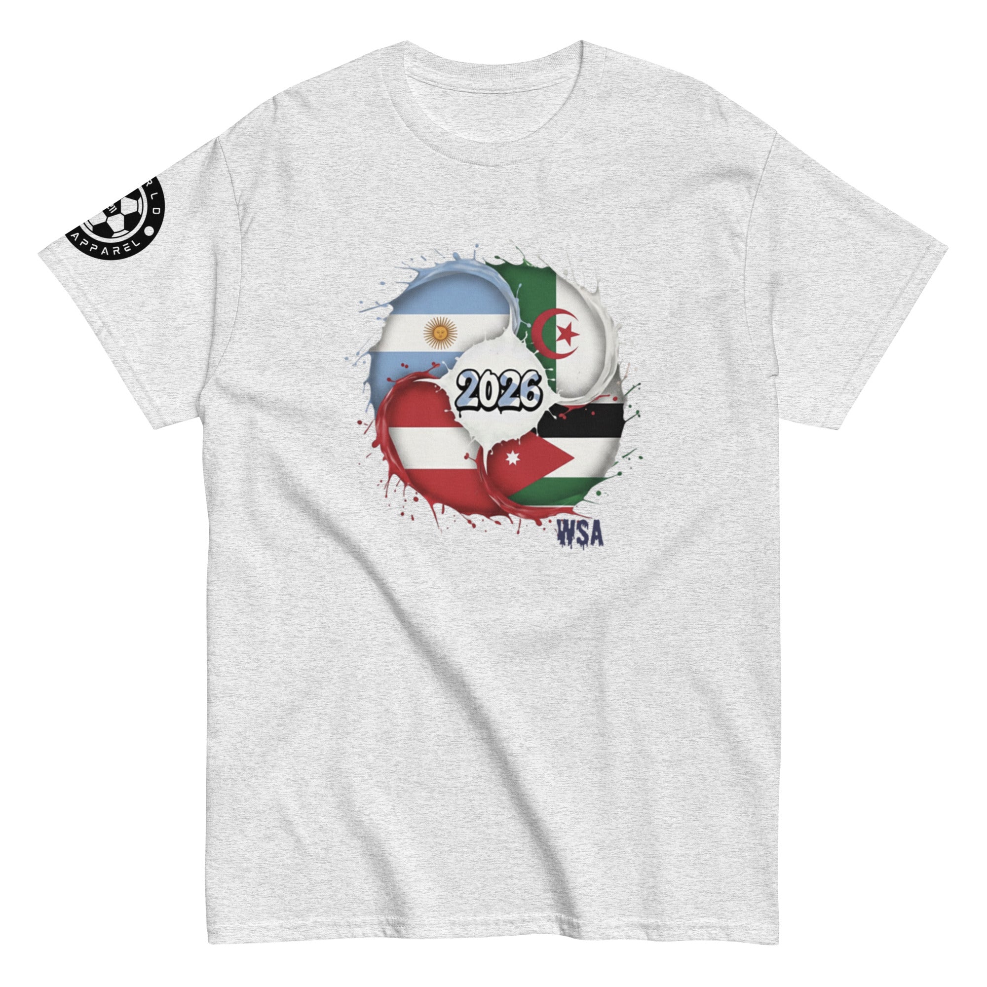 Gray t-shirt with world map and flags design on a white background