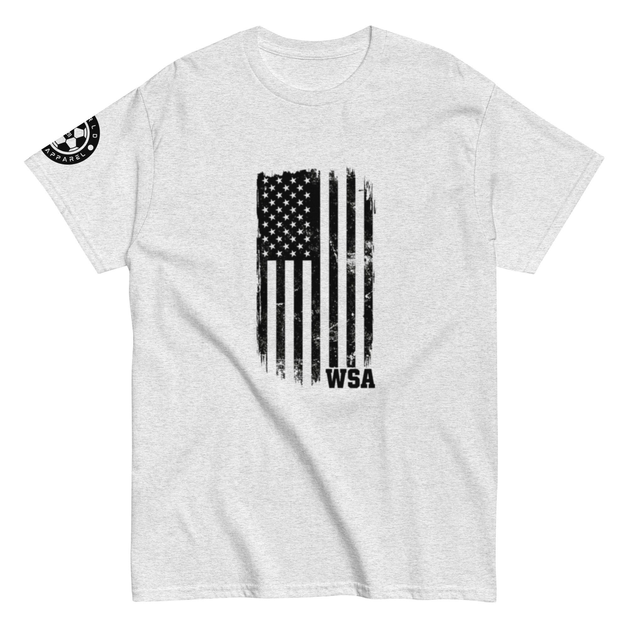 Gray t-shirt with American flag graphic and 'WSA' text on a white background