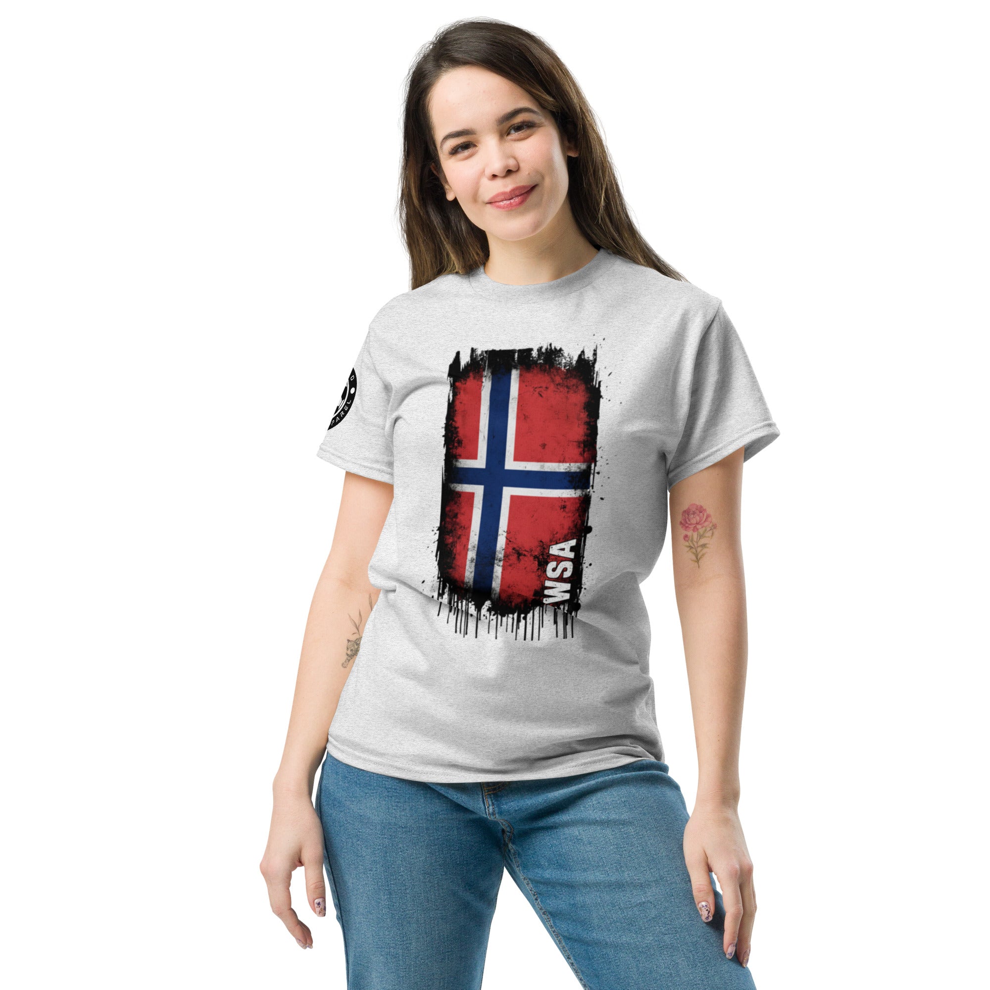 Woman wearing a gray t-shirt with a flag design on a white background