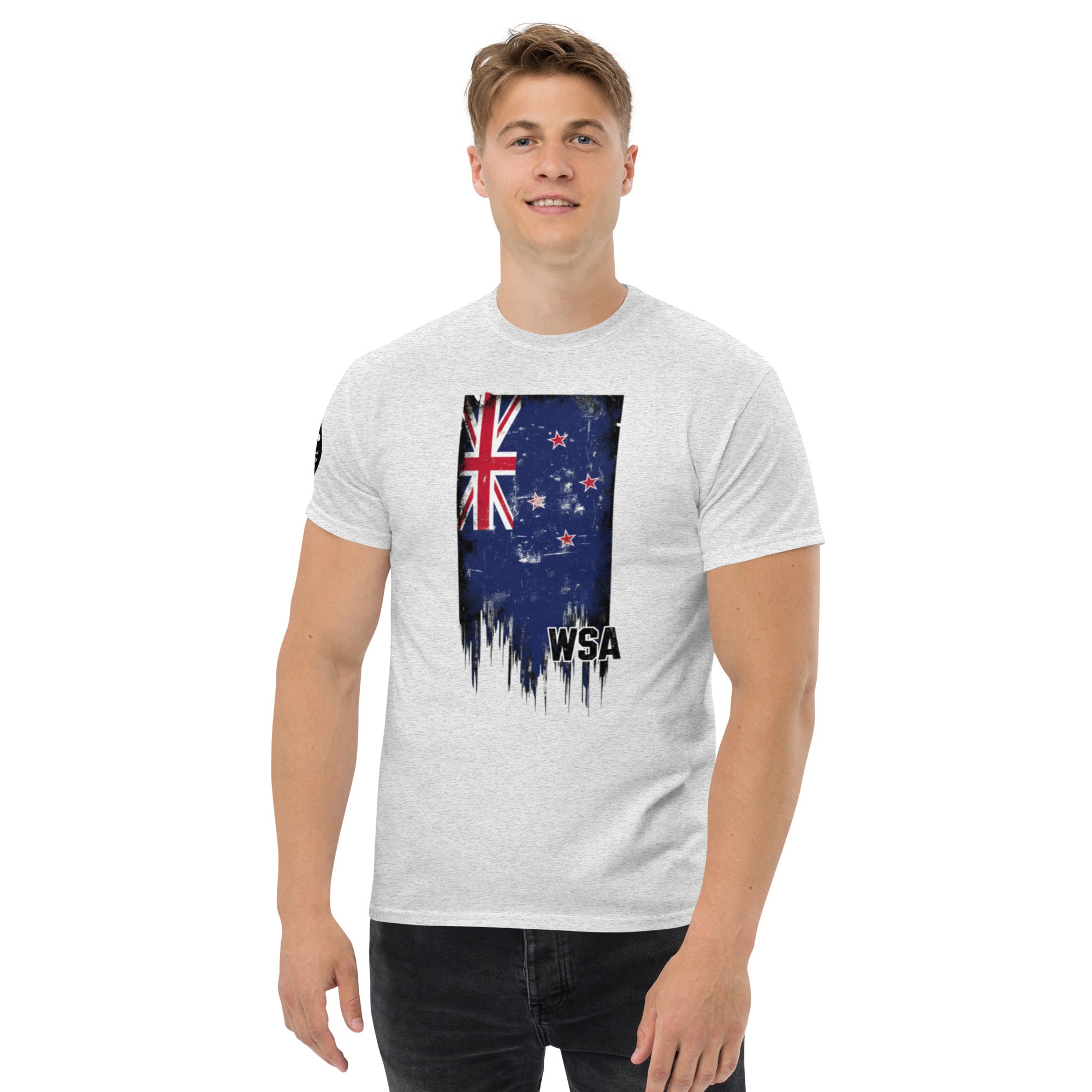 Person wearing a white t-shirt with a flag design and 'WSA' text on a white background