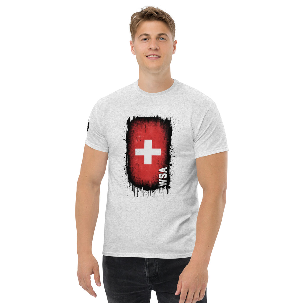 Person wearing a white t-shirt with a red and black graphic design on a white background