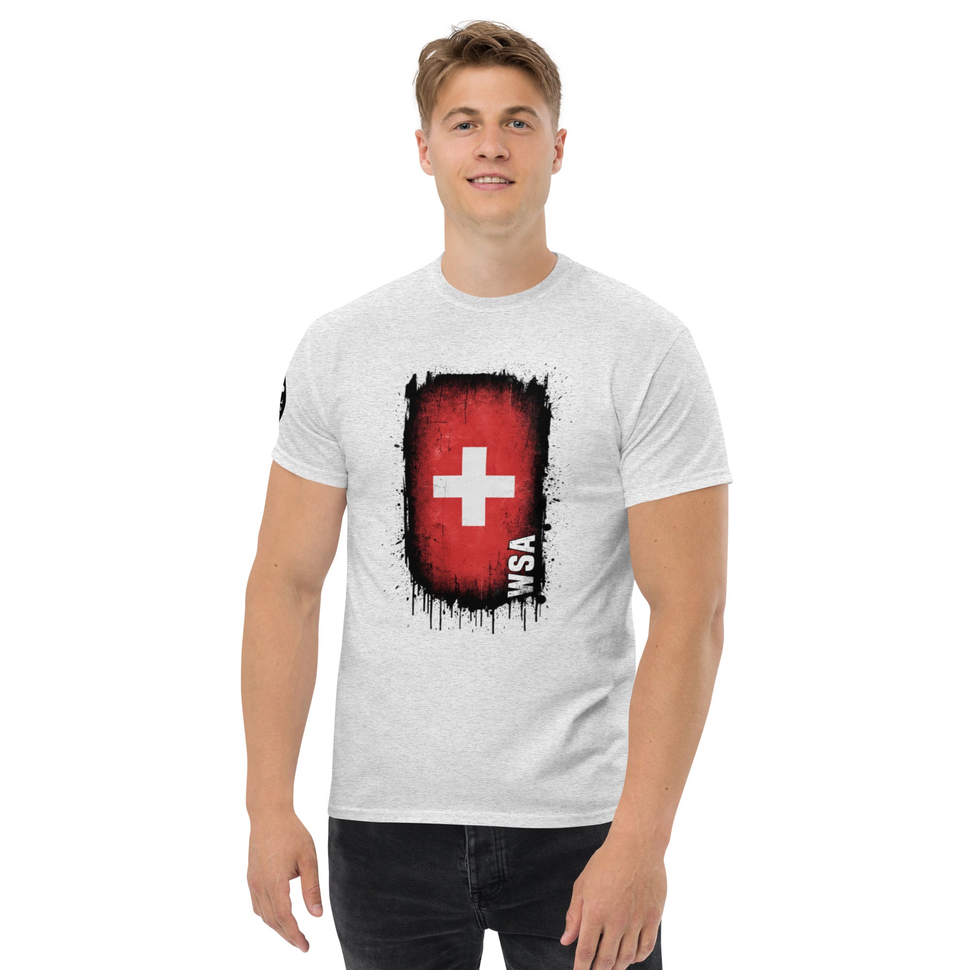 Person wearing a white t-shirt with a red and black graphic design on a white background