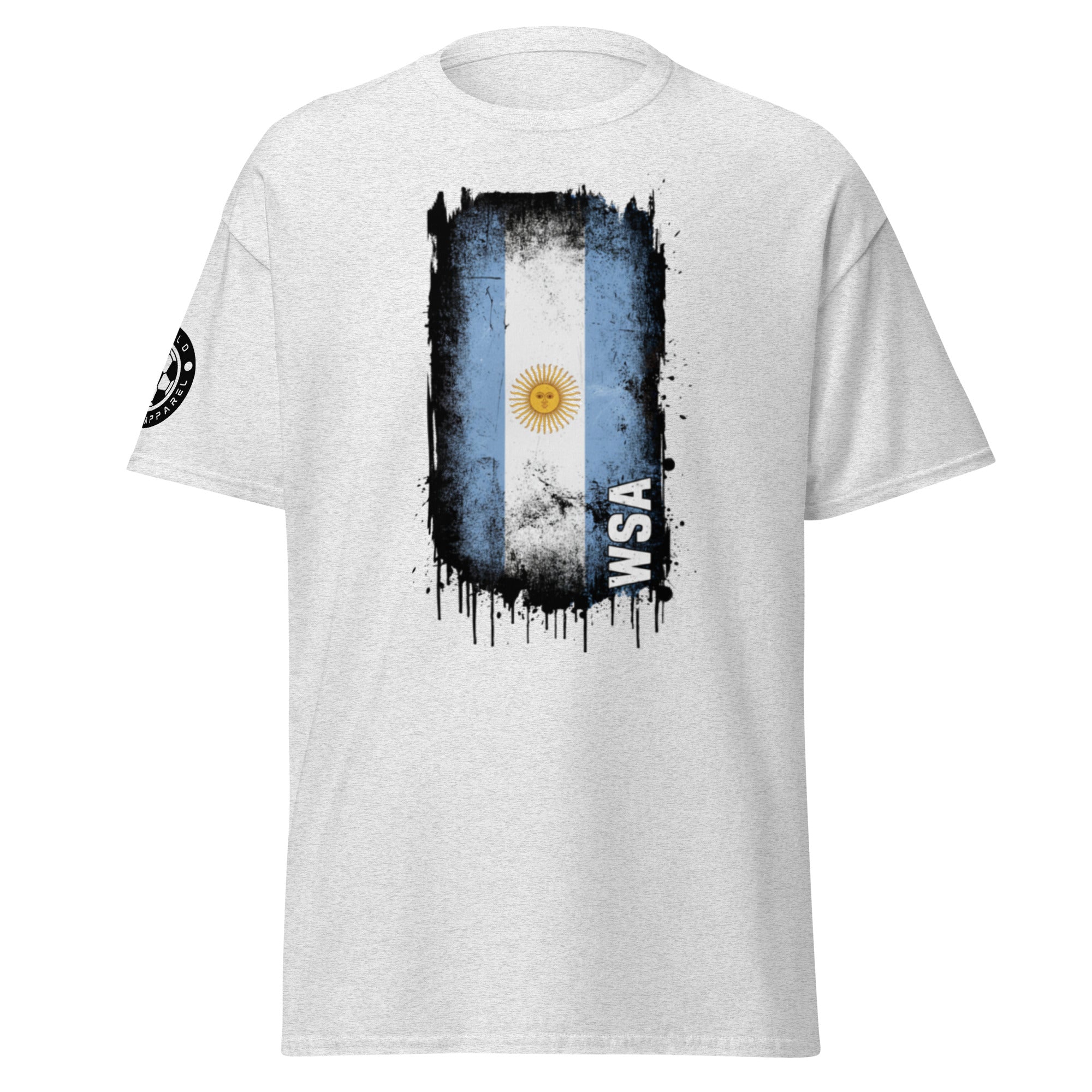 White t-shirt with a graphic of the Argentine flag and 'WSA' text on a white background